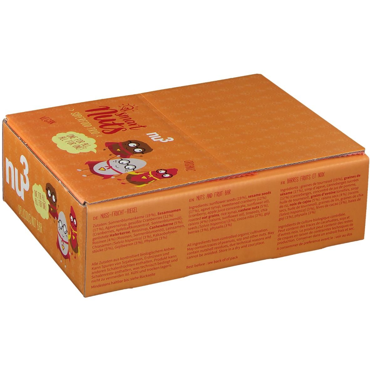 Boîte orange fermée avec nu3 Smart Nuts. Inscription : Smart Nuts, Superfood Trio, vegan. Dos avec texte.