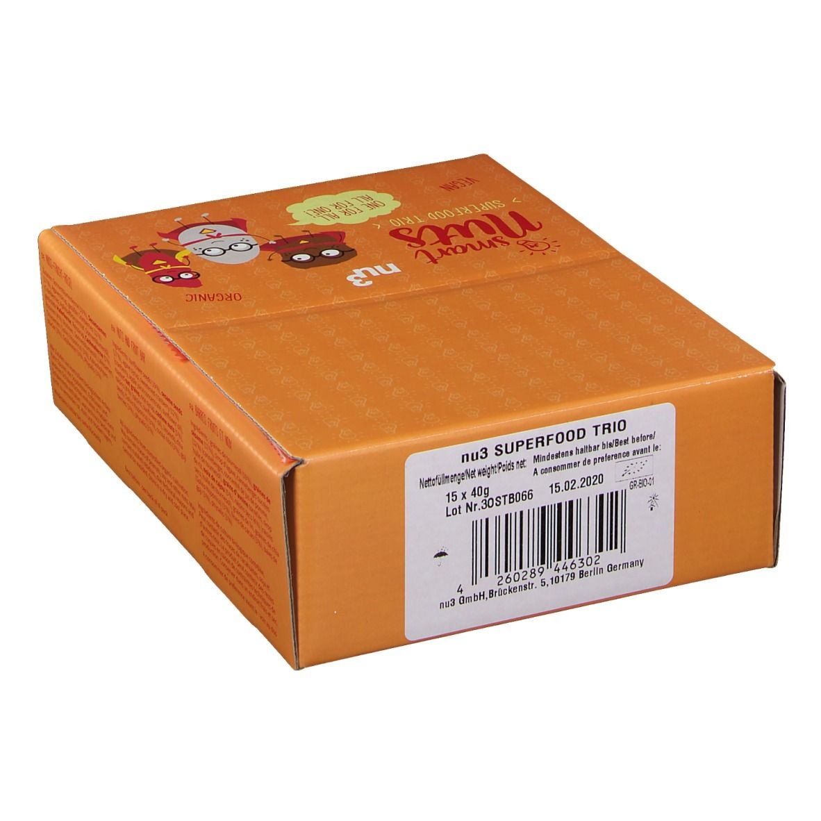 Boîte orange fermée avec nu3 Smart Nuts. Inscription : nu3 Superfood Trio, 15 x 40g. Code-barres.