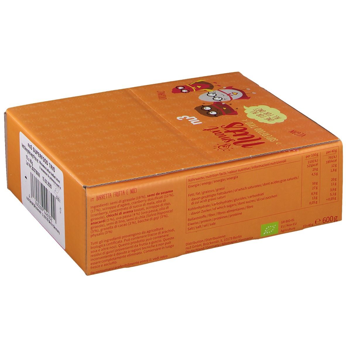 Boîte orange fermée avec nu3 Smart Nuts. Inscription : nu3 Superfood Trio. Dos avec texte.