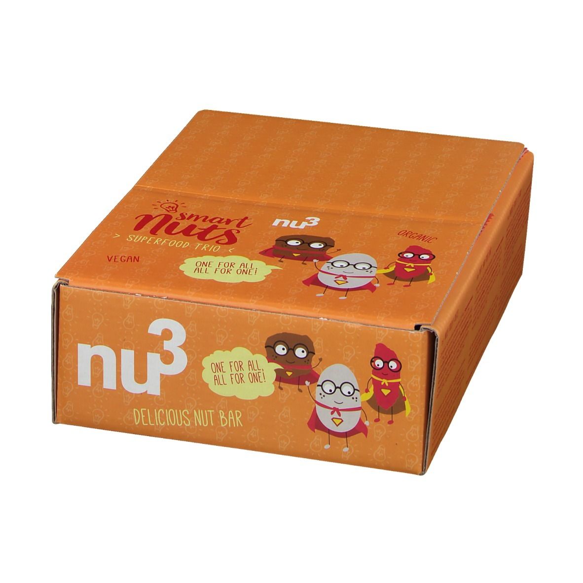 Boîte orange fermée avec nu3 Smart Nuts. Inscription : Smart Nuts, Superfood Trio, vegan, Delicious Nut Bar.