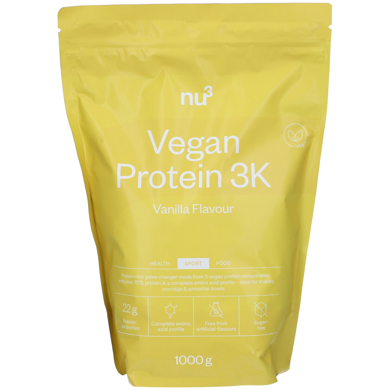 Emballage jaune "nu3 Vegan Protein 3K Vanille". Contient 1000g. Inscriptions: Vegan, Sport, 22g protéines, acides aminés, sans arômes, faible en sucre.