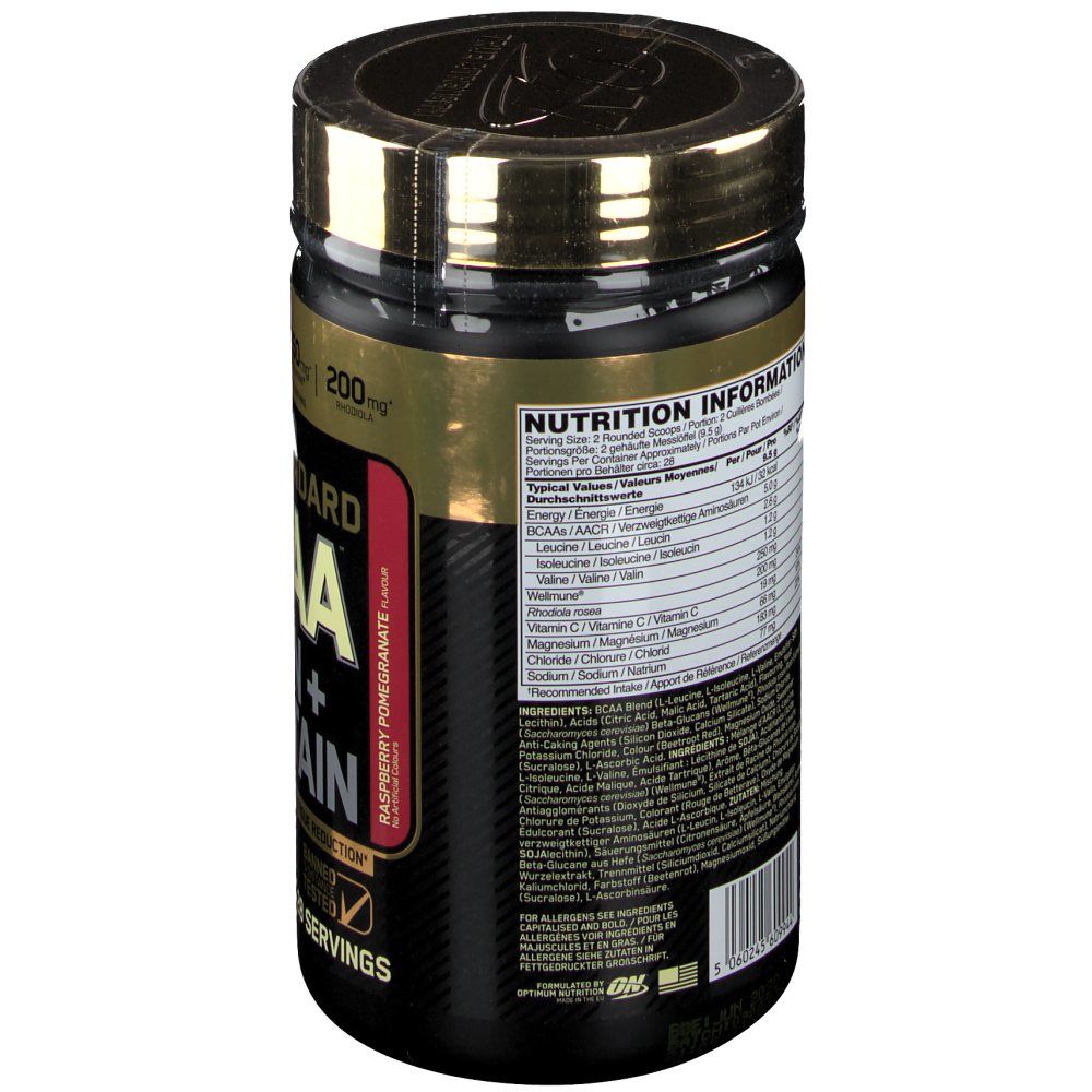 Achterkant van de Optimum Nutrition BCAA Train+Sustain Framboos-Granaatappel pot met voedingswaarde-informatie.