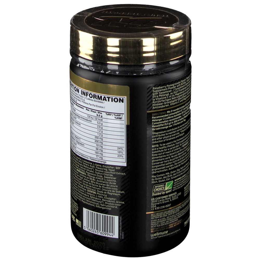 Zijaanzicht van de Optimum Nutrition BCAA Train+Sustain Framboos-Granaatappel pot met Duitse en Engelse teksten.