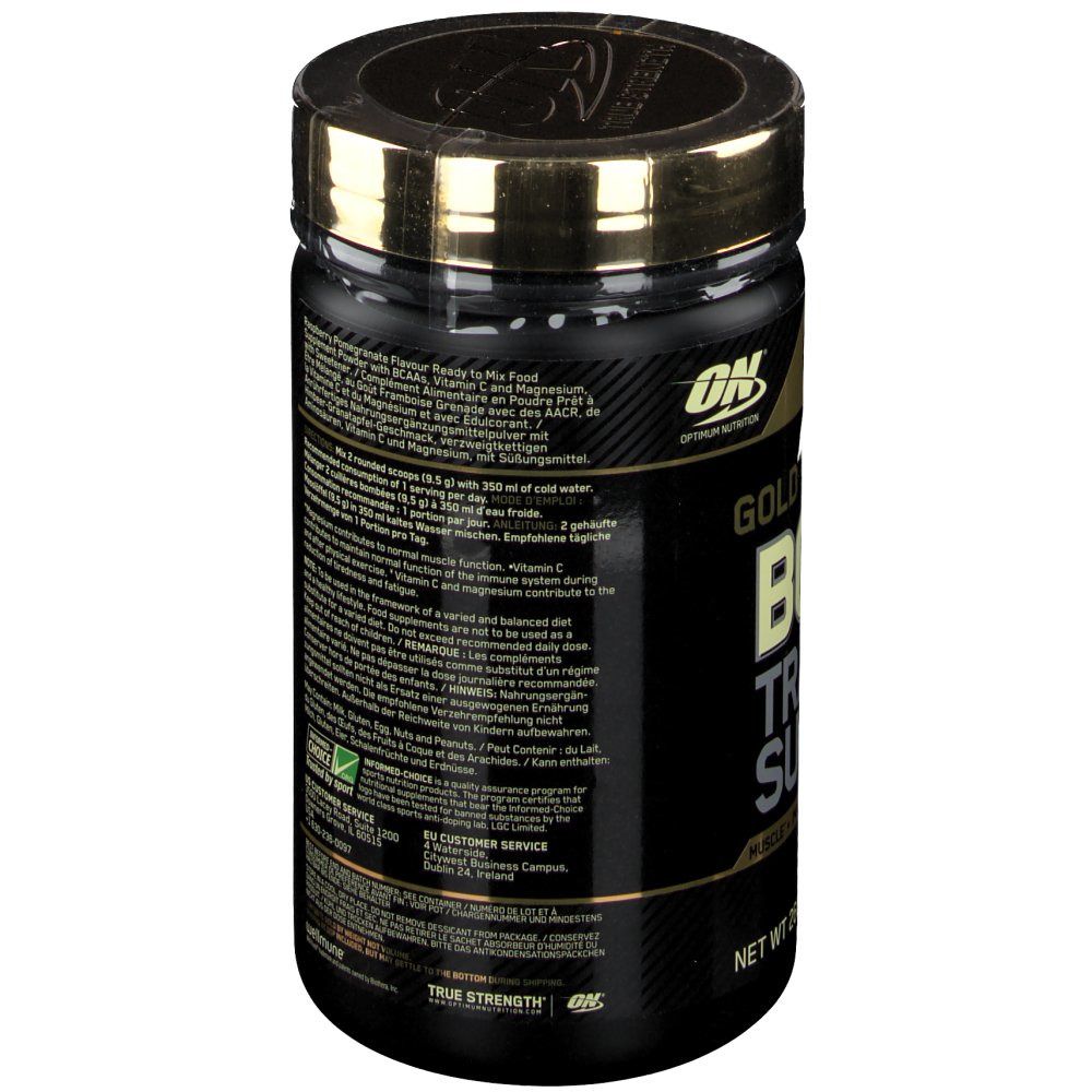 Zijaanzicht van de Optimum Nutrition BCAA Train+Sustain Framboos-Granaatappel pot met Engelse en Franse teksten.