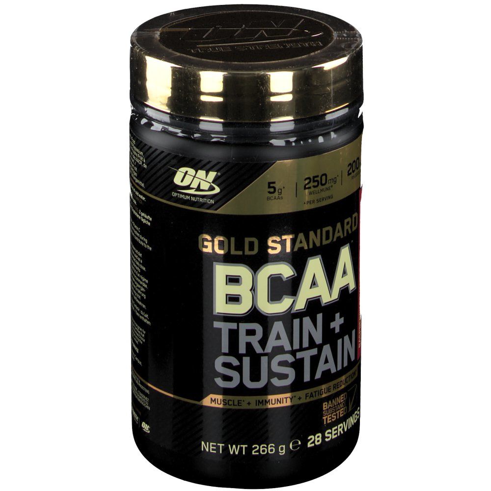 Optimum Nutrition BCAA Train+Sustain Framboos-Granaatappel, pot van 266g, vooraanzicht.