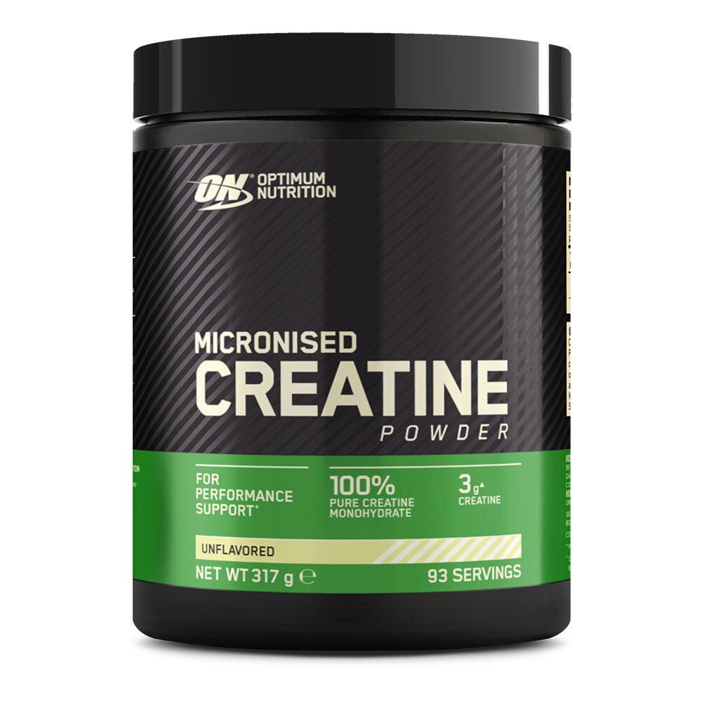 Zwarte pot met "Optimum Nutrition" en "Micronised Creatine Powder". Groen-witte accenten. Unflavored.