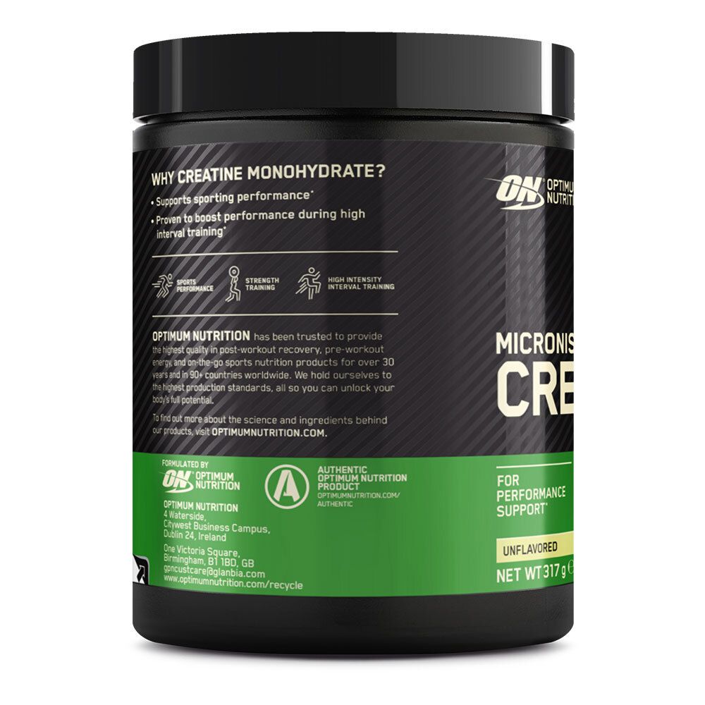 Achterkant van de zwarte pot. Tekst: Waarom creatine monohydraat? Optimum Nutrition. Groen-witte accenten. Unflavored.