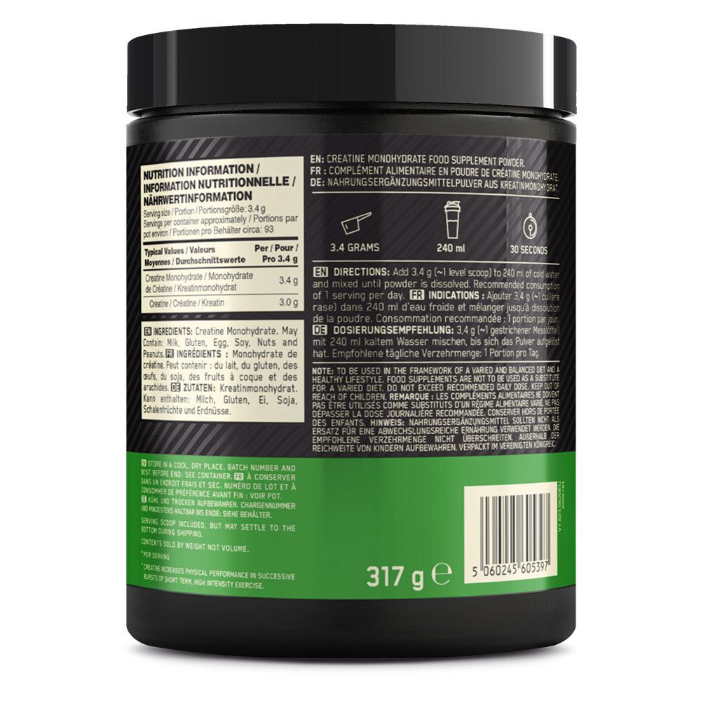 Achterkant van de zwarte pot. Tekst: Voedingswaarde. Ingrediënten. Dosering. Groen-witte accenten. 317 g.