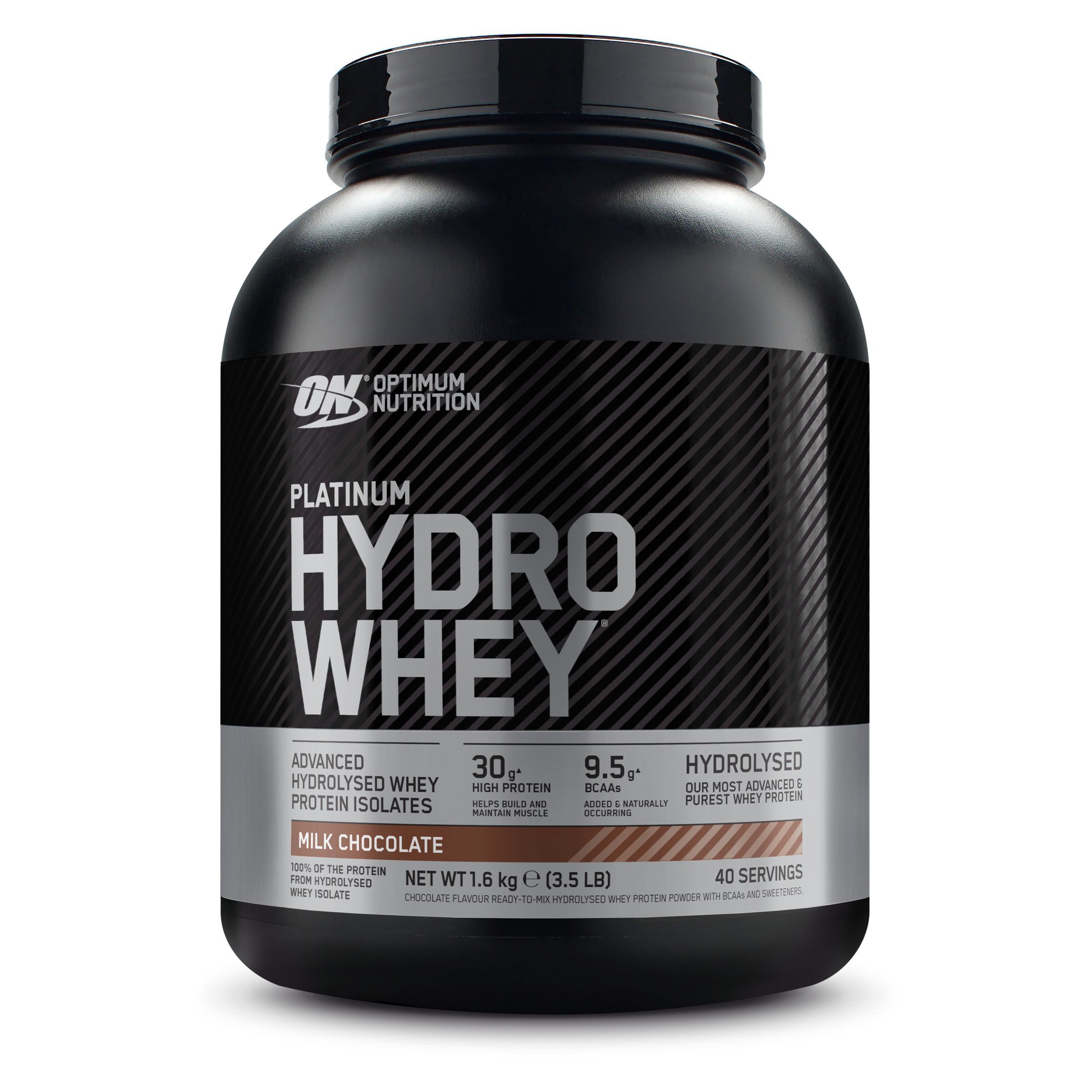 Pot noir Optimum Nutrition Platinum Hydro Whey, chocolat au lait. Texte: 30g protéines, 9.5g BCAA, 40 portions.