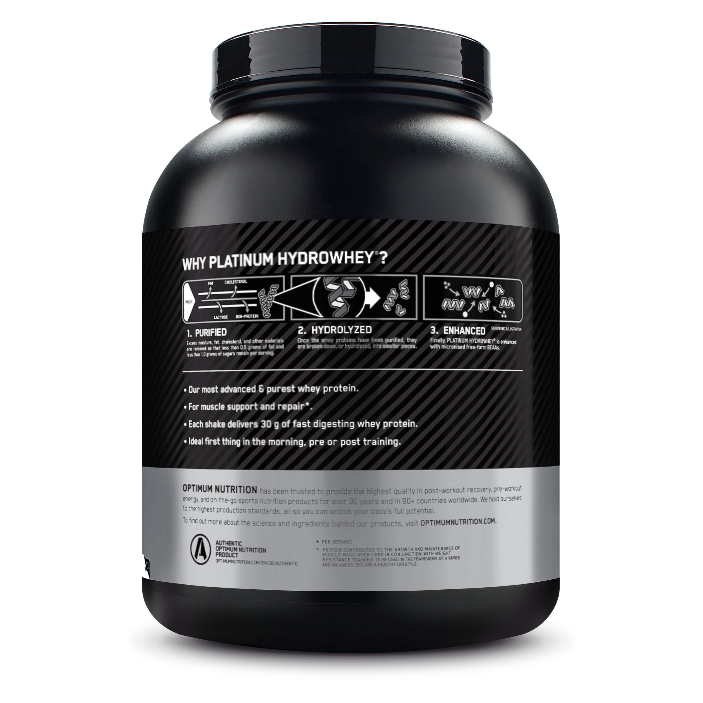 Dos du pot noir Optimum Nutrition Platinum Hydro Whey. Diagrammes montrant le processus de fabrication.