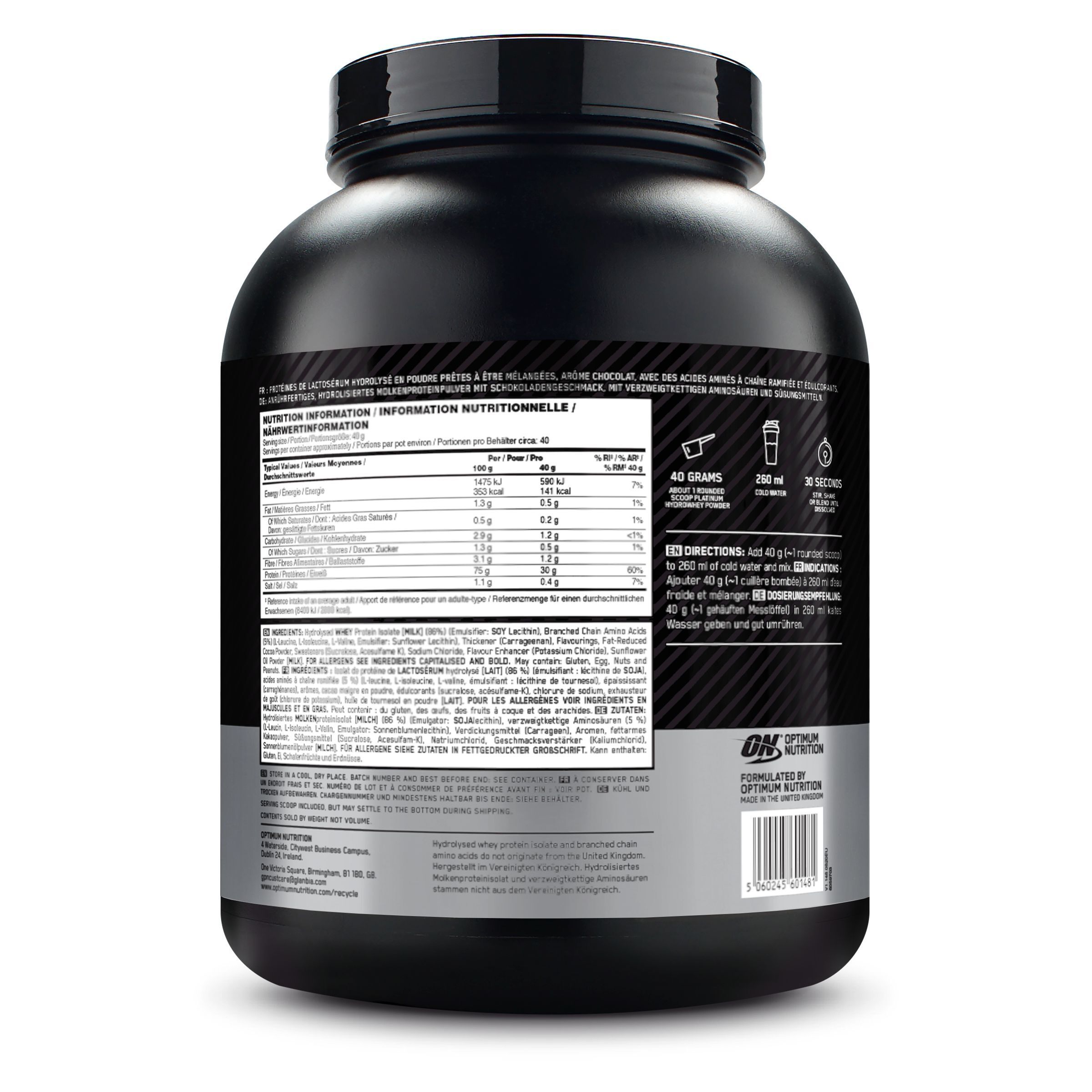 Dos du pot noir Optimum Nutrition Platinum Hydro Whey. Informations nutritionnelles et instructions.