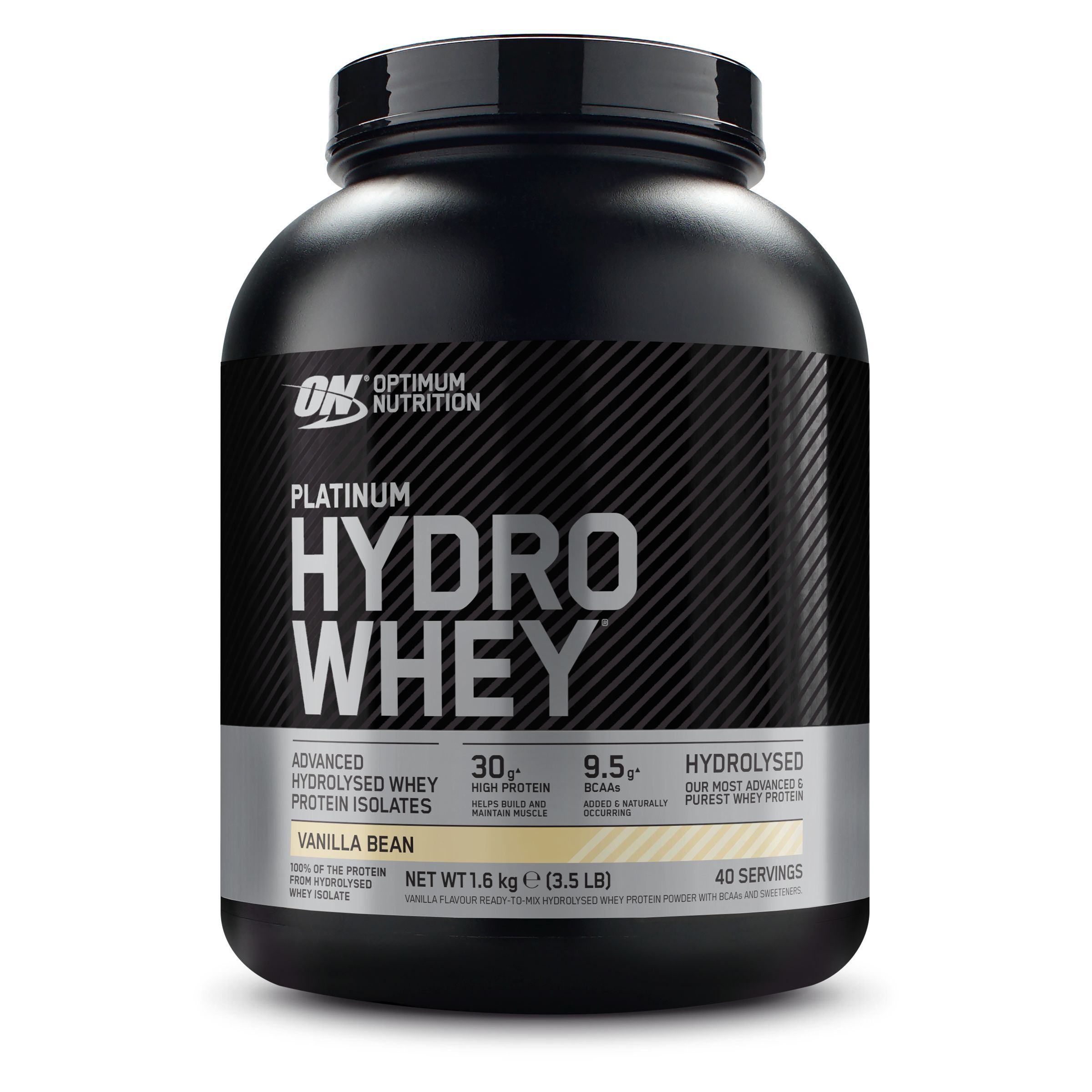 Zwarte pot met 'Optimum Nutrition Platinum Hydro Whey'. 'Vanilla Bean' en voedingsinformatie.