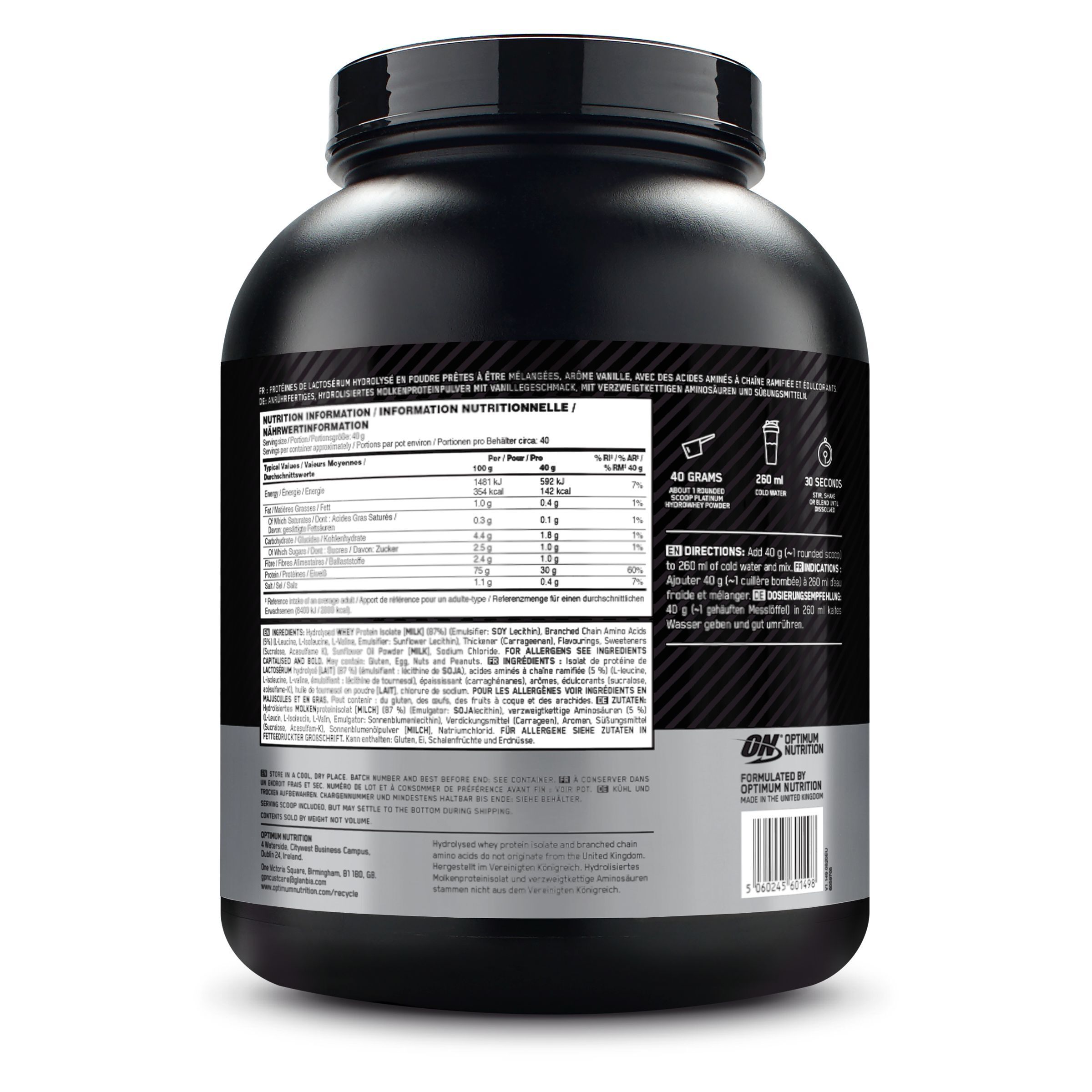 Achterkant van de pot met voedingsinformatie en instructies voor 'Platinum Hydro Whey'.