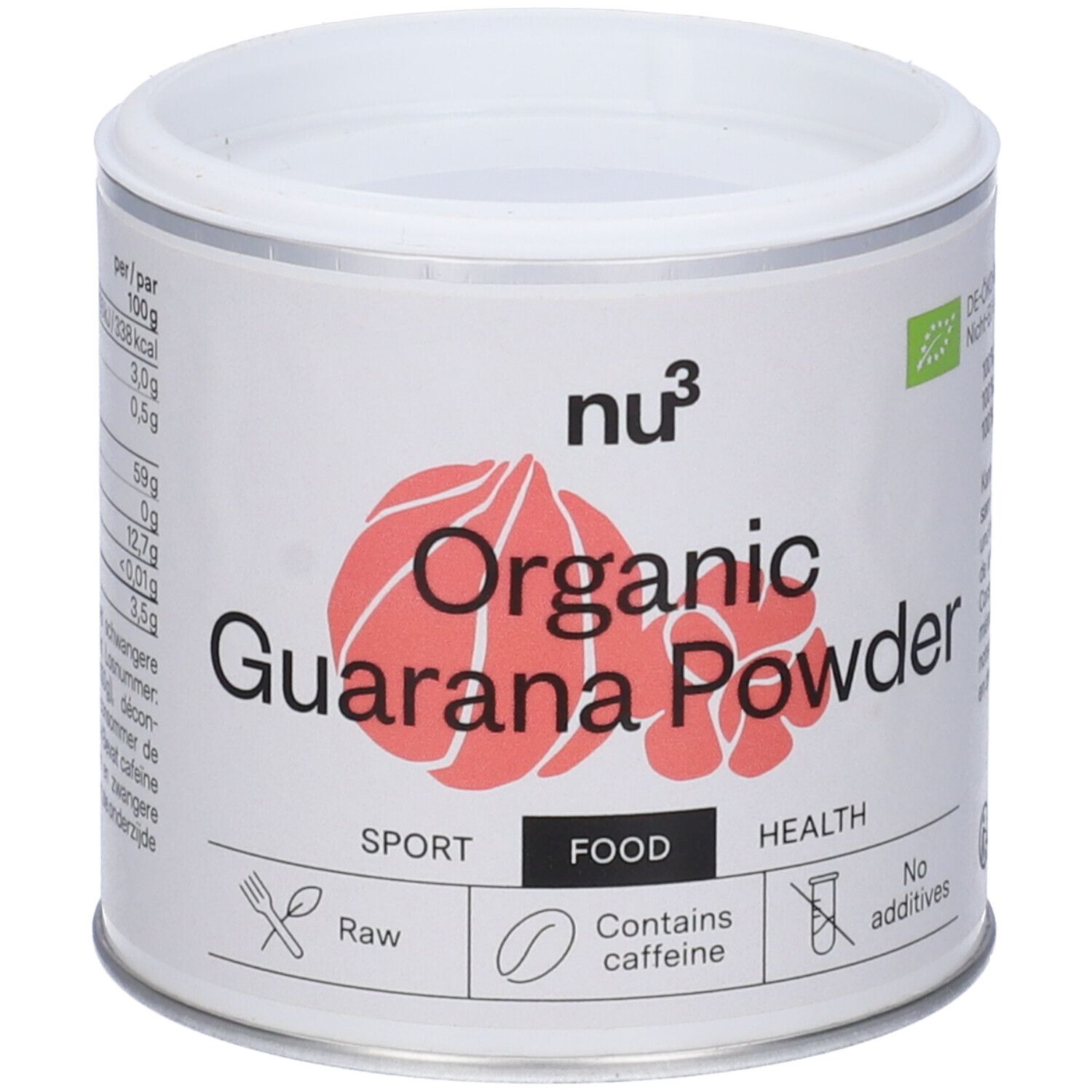 Witte pot met rood Guarana Powder logo. Opschrift: Organic Guarana Powder, bevat cafeïne. Met bio-label.