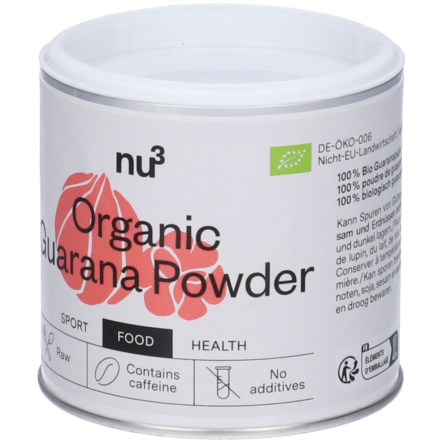 Witte pot met rood Guarana Powder logo. Opschrift: Organic Guarana Powder, bevat cafeïne. Met bio-label.