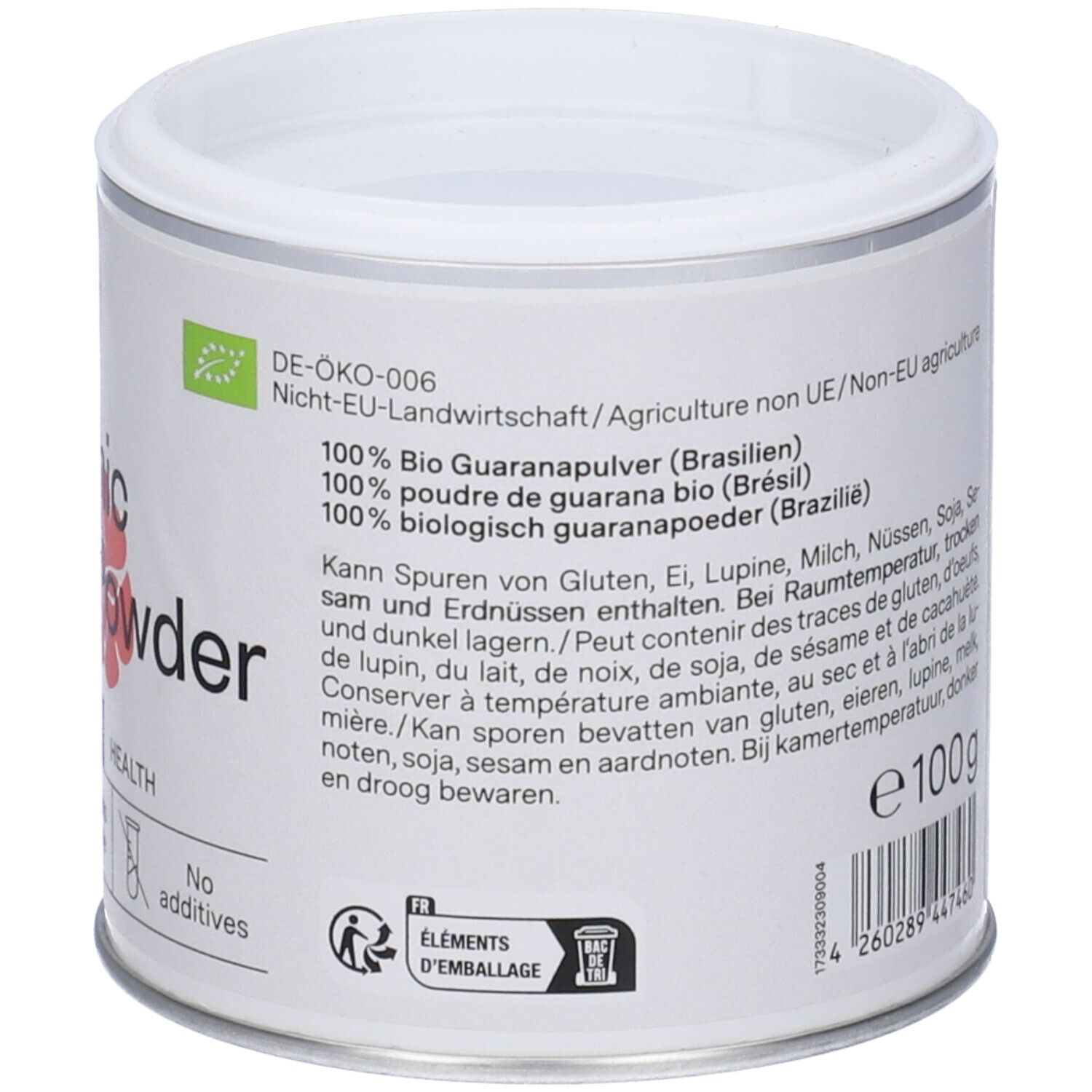 Achterkant van de pot met voedingswaarde en ingrediënten. Tekst in het Duits, Frans en Nederlands. Met bio-label.