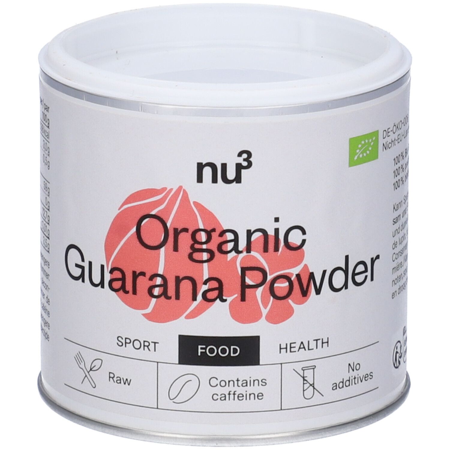 Witte pot met rood Guarana Powder logo. Opschrift: Organic Guarana Powder, bevat cafeïne. Met bio-label.