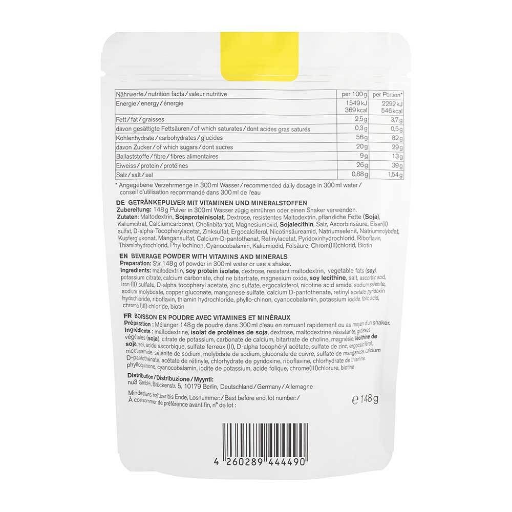 Achterkant van de "nu3 Compleat" zak. Tekst: voedingswaarde, ingrediënten, gebruiksaanwijzing. EAN-code en gewicht.