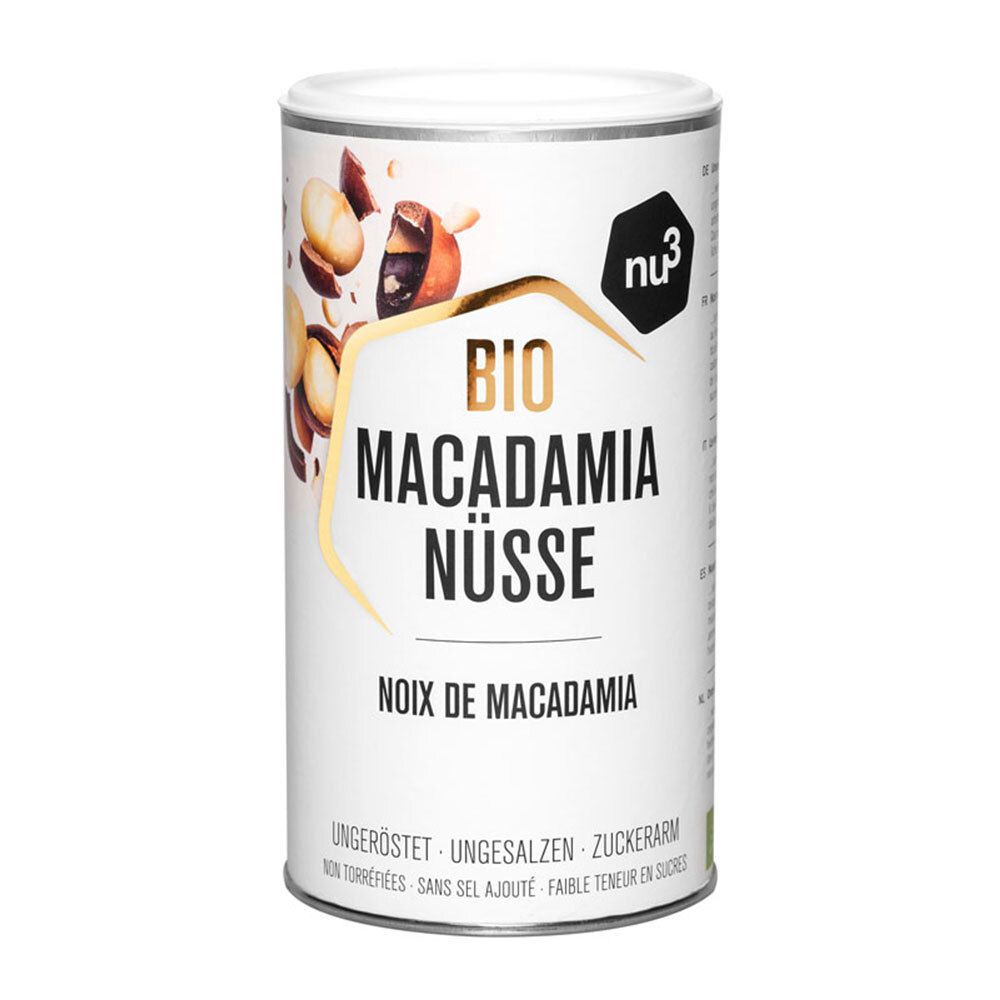 Cilindervormige doos met nu3-logo en "BIO MACADAMIA NÜSSE". Bevat noten, tekst: ongeroosterd, ongezouten, suikerarm.