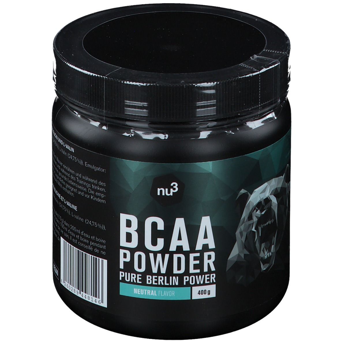 Pot noir "nu3 BCAA Powder". Inscription "Pure Berlin Power". 400g. Saveur neutre. Graphique ours.