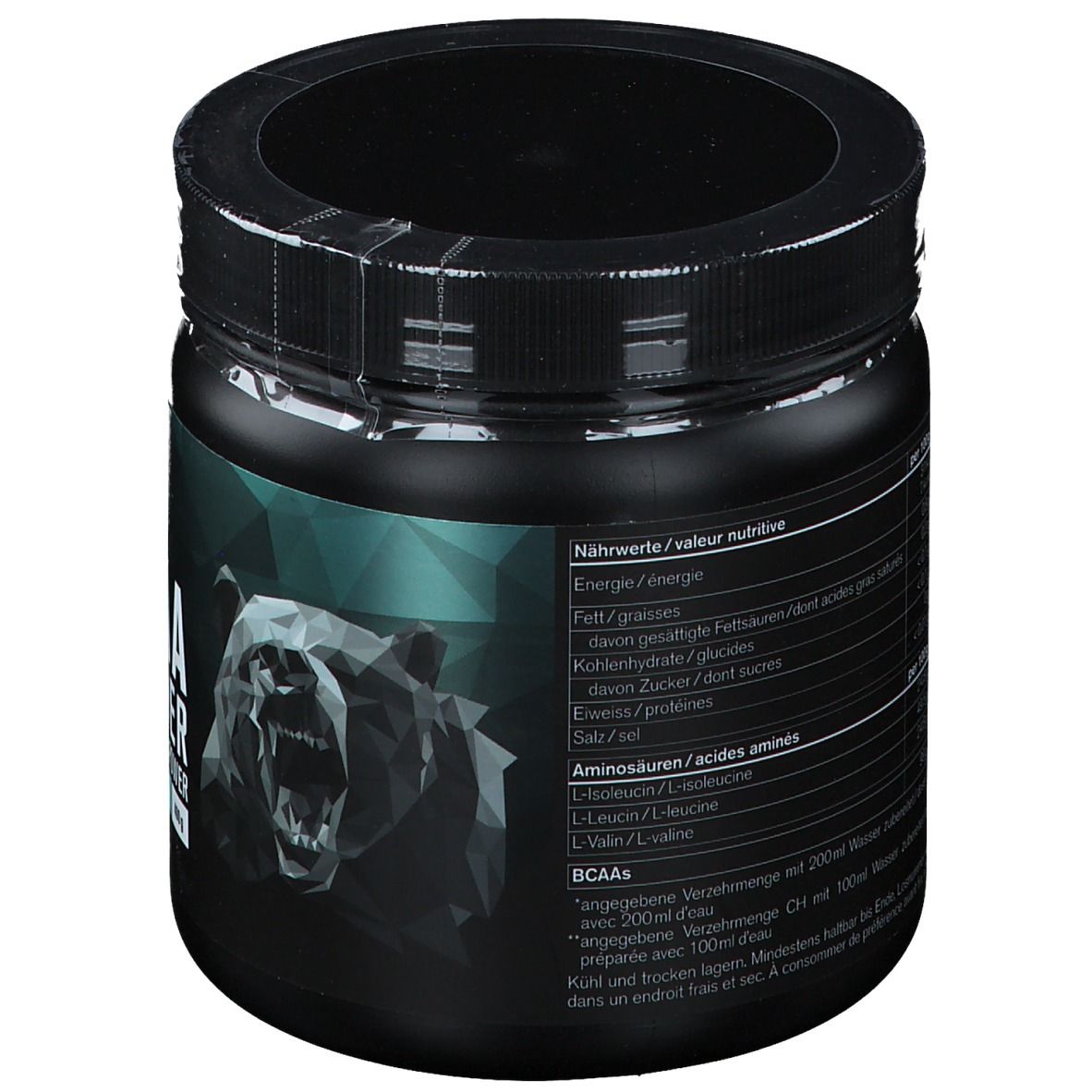 Pot noir avec informations nutritionnelles. Contient des acides aminés. Graphique ours. Couvercle scellé.