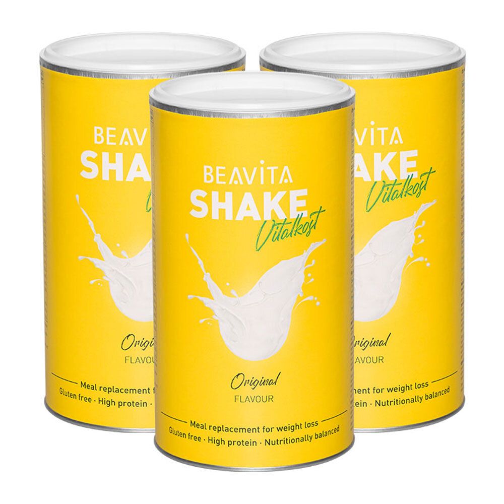Trois boîtes de BEAVITA Vitalkost Original, Vanille. Boîtes jaunes avec couvercles blancs. Inscription : BEAVITA SHAKE Vitalkost, Original FLAVOUR, texte et graphiques.