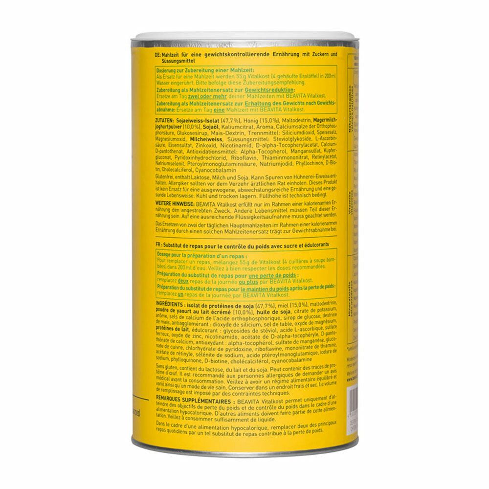 Boîte jaune BEAVITA Vitalkost Original, Vanille. Texte en allemand et en français. Liste des ingrédients et informations nutritionnelles.