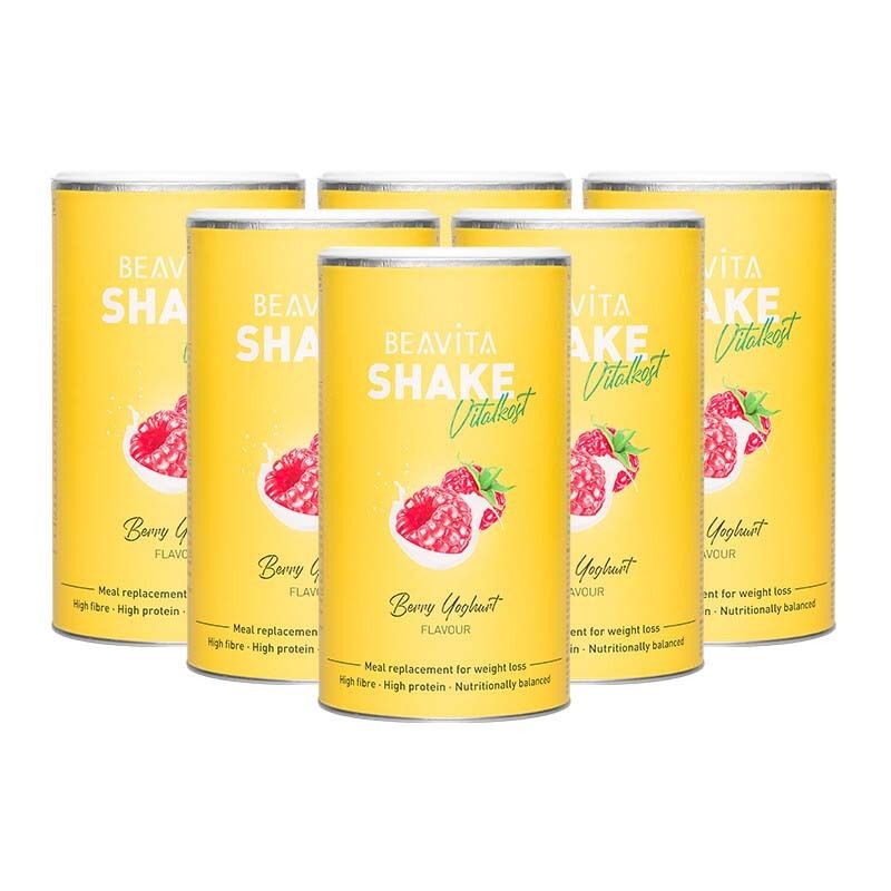 Six boîtes de BEAVITA Shake Framboise-Yaourt avec des framboises sur fond jaune.
