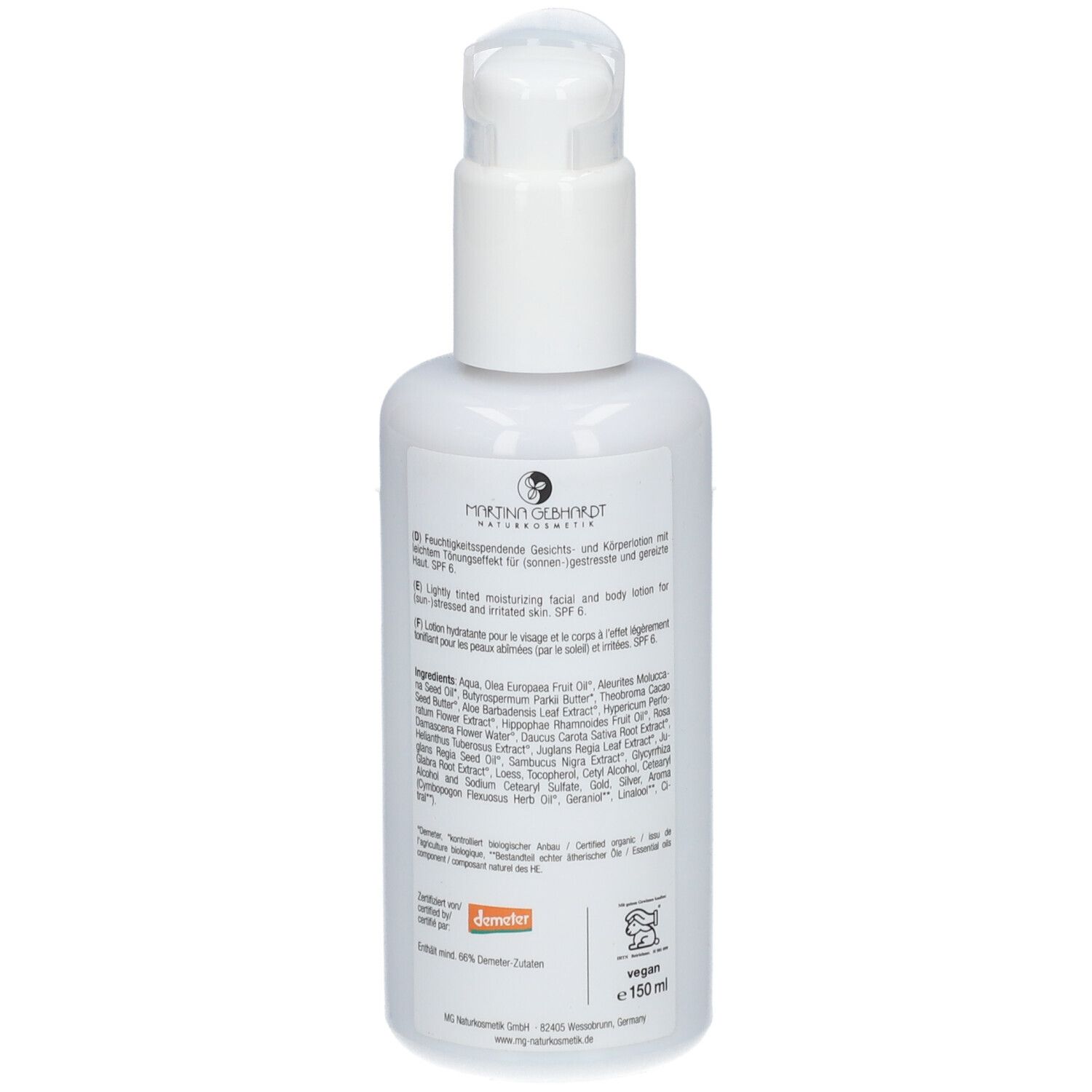 Flacon blanc avec pompe. Texte avec ingrédients et informations. Logo Demeter et label Vegan.