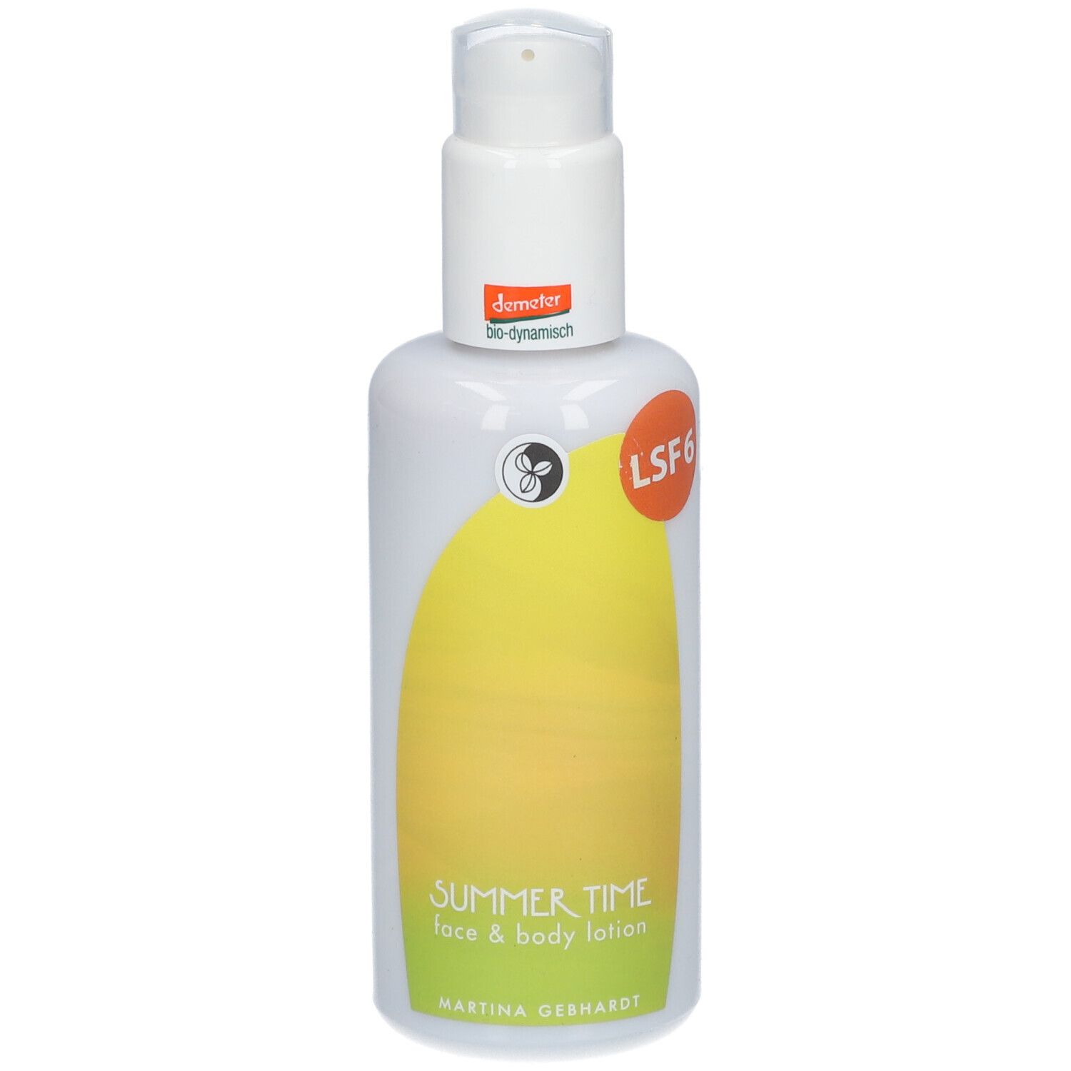 Flacon blanc avec pompe. Inscription: Summer Time Face & Body Lotion, Martina Gebhardt. Label LSF6.