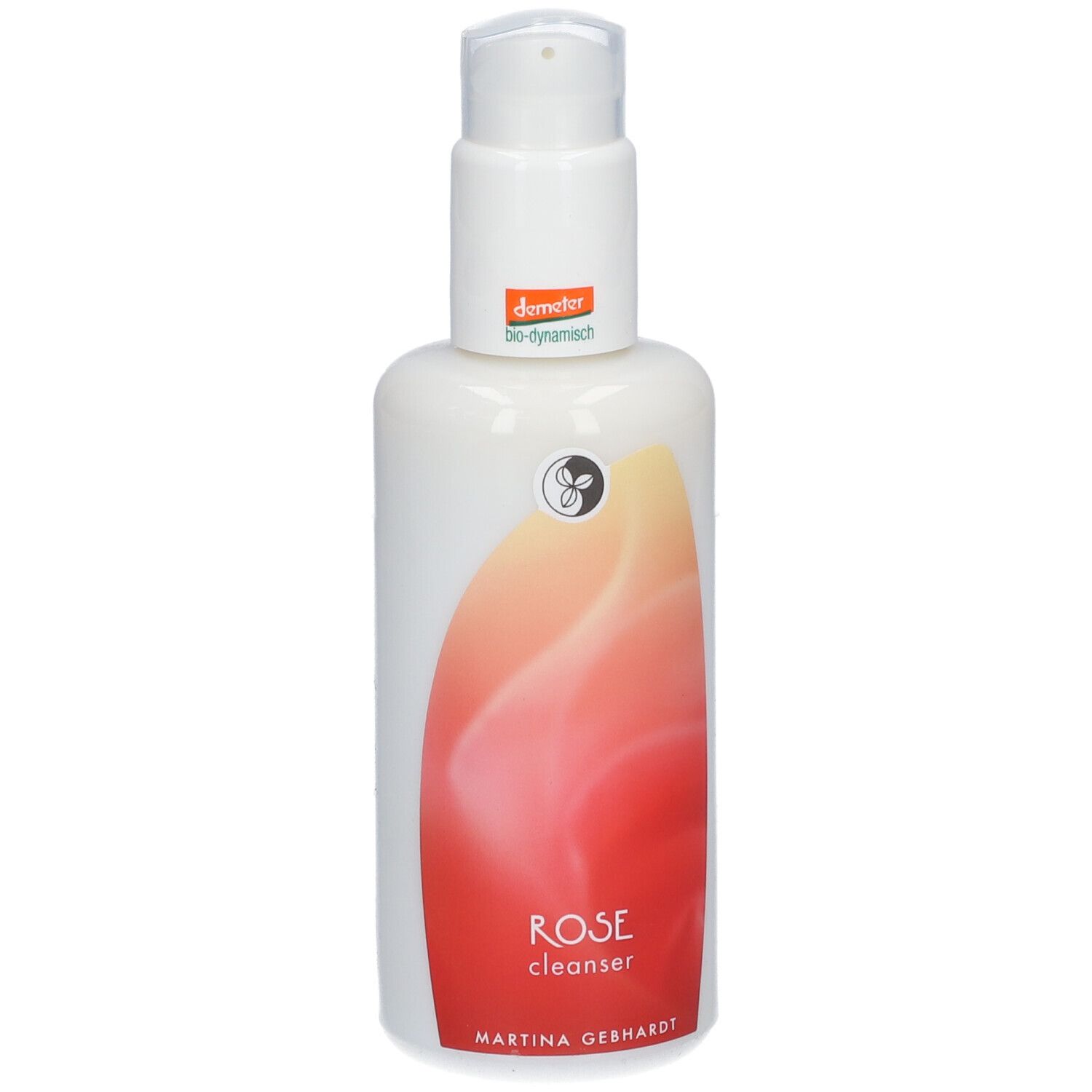Witte fles met pomp. Etiket met tekst: ROSE cleanser, Martina Gebhardt. Demeter-keurmerk.