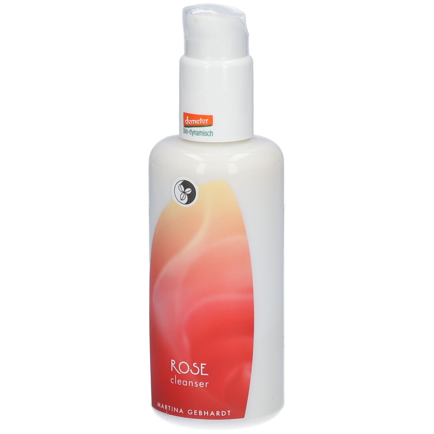 Witte fles met pomp. Etiket met tekst: ROSE cleanser, Martina Gebhardt. Demeter-keurmerk.