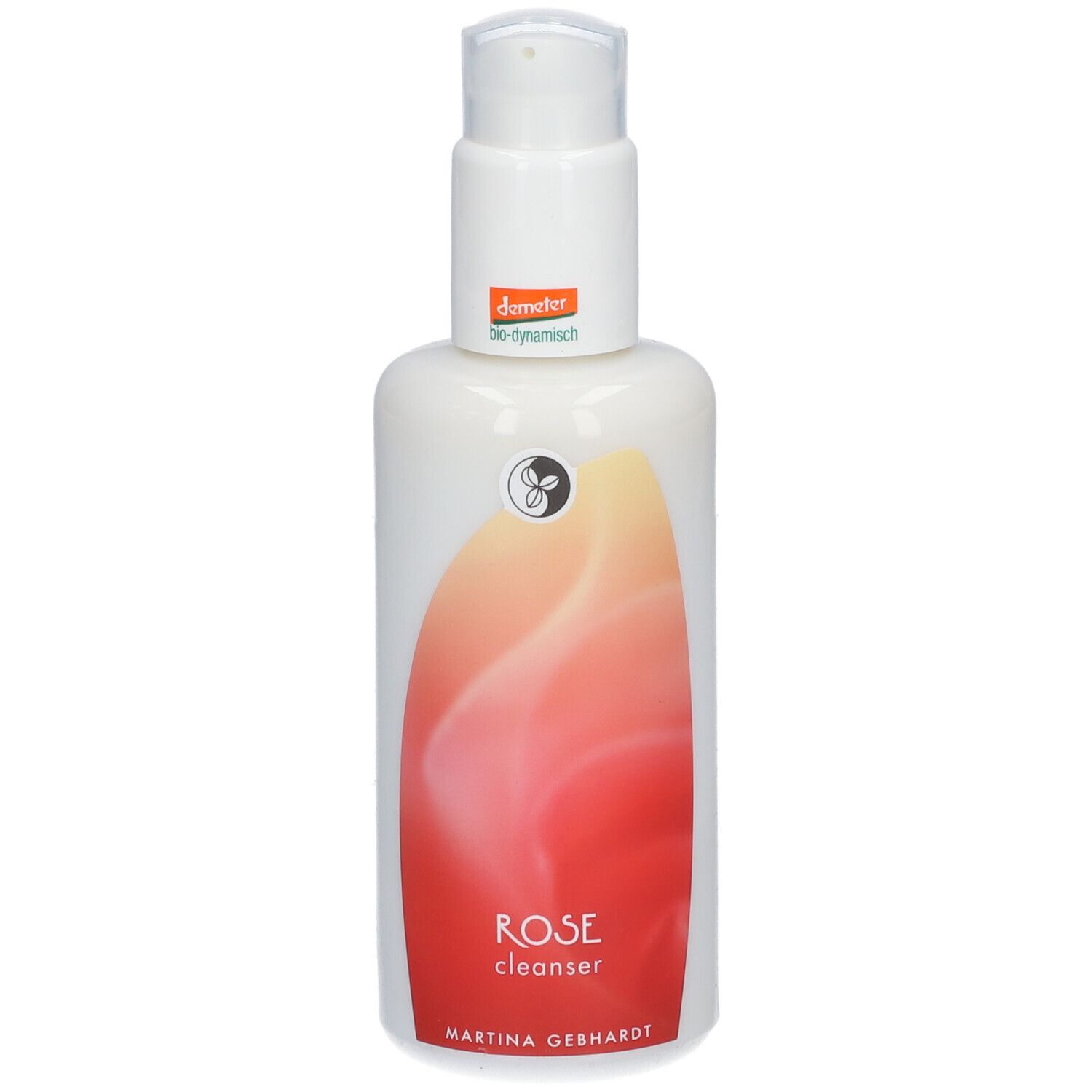 Witte fles met pomp, zijaanzicht. Etiket met tekst en logo's. Demeter-keurmerk.