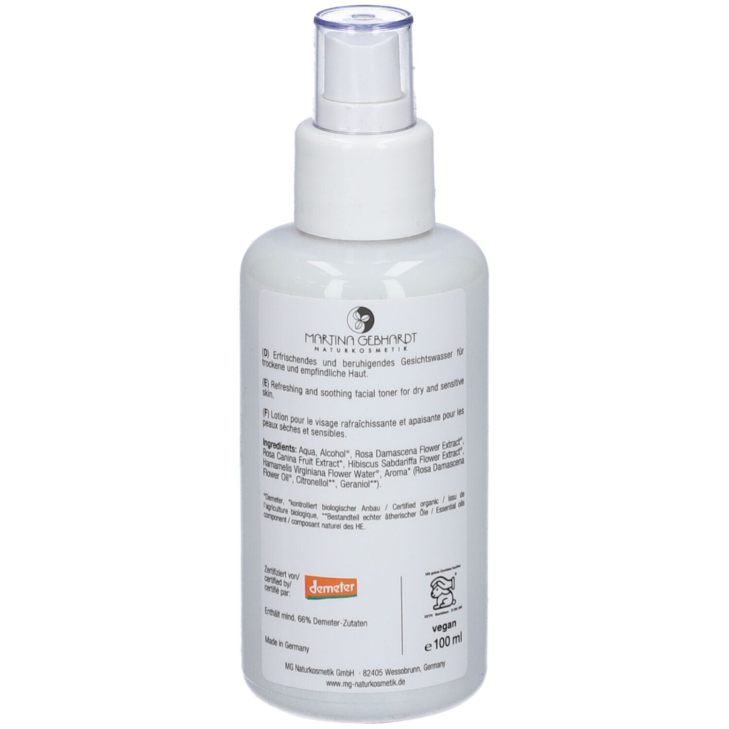Flacon blanc avec vaporisateur. Dos avec texte et ingrédients. Label Demeter. Label végan. 100ml.