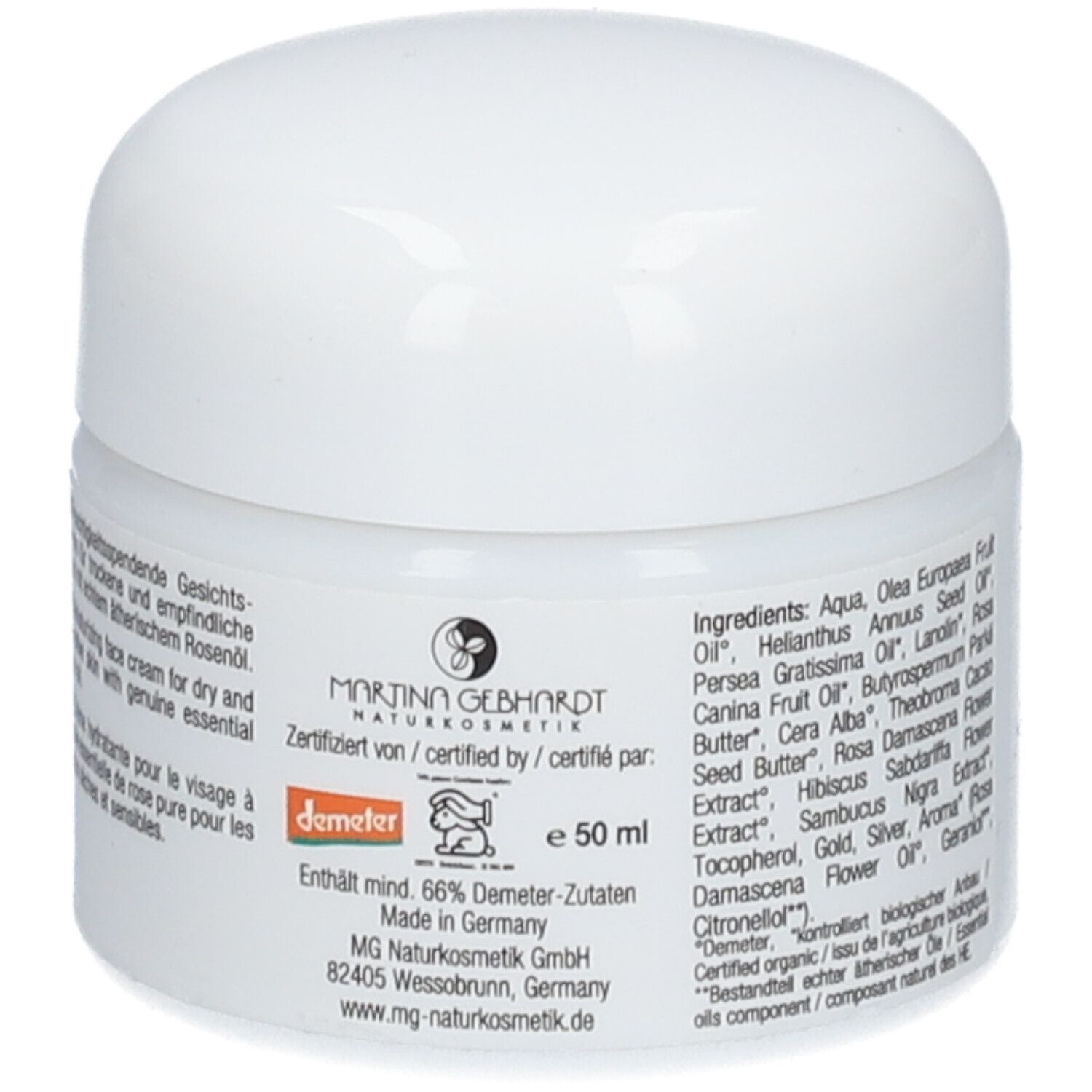 Witte pot met deksel. Opschrift: MARTINA GEBHARDT, Demeter-keurmerk, 50 ml. Tekst in het Duits en Engels.