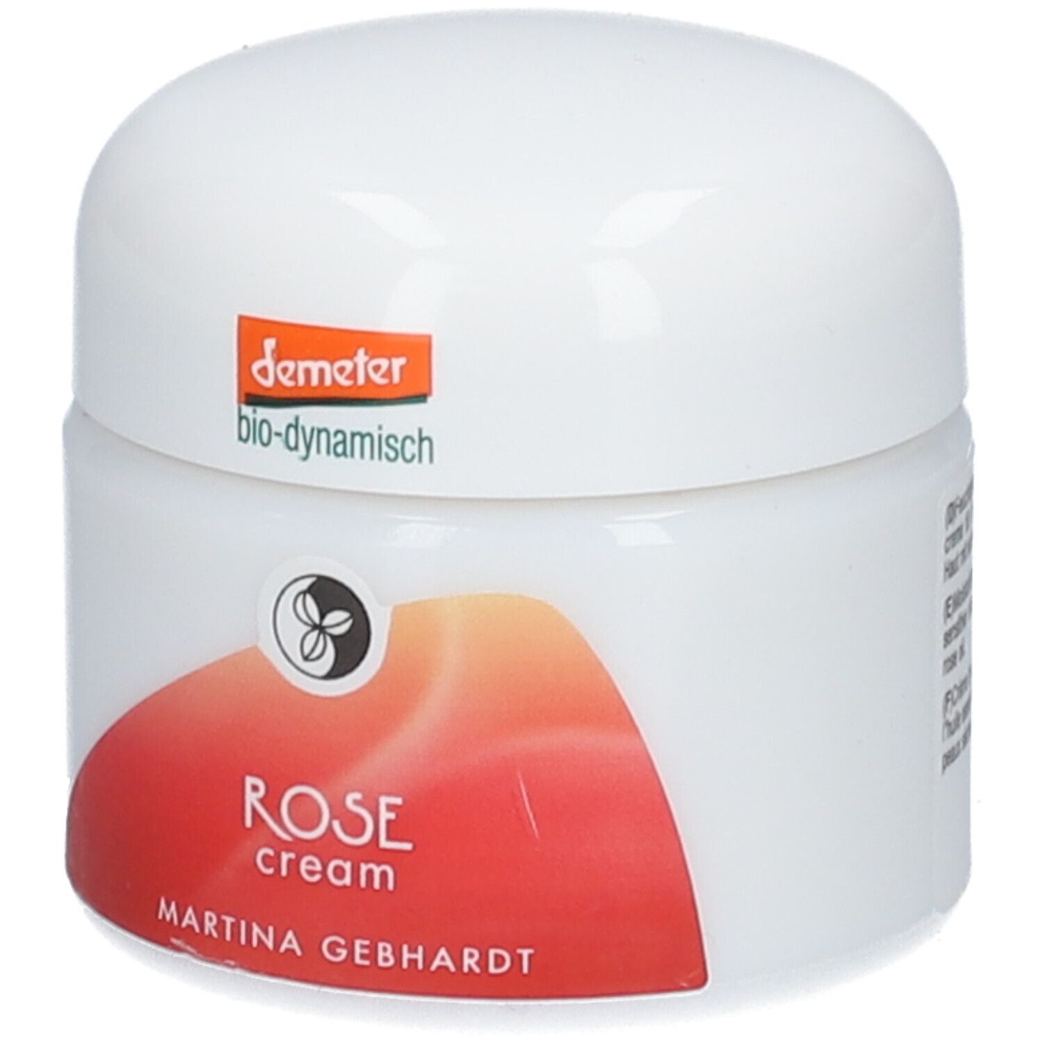Witte pot met deksel. Opschrift: ROSE cream, MARTINA GEBHARDT. Logo en Demeter-keurmerk.