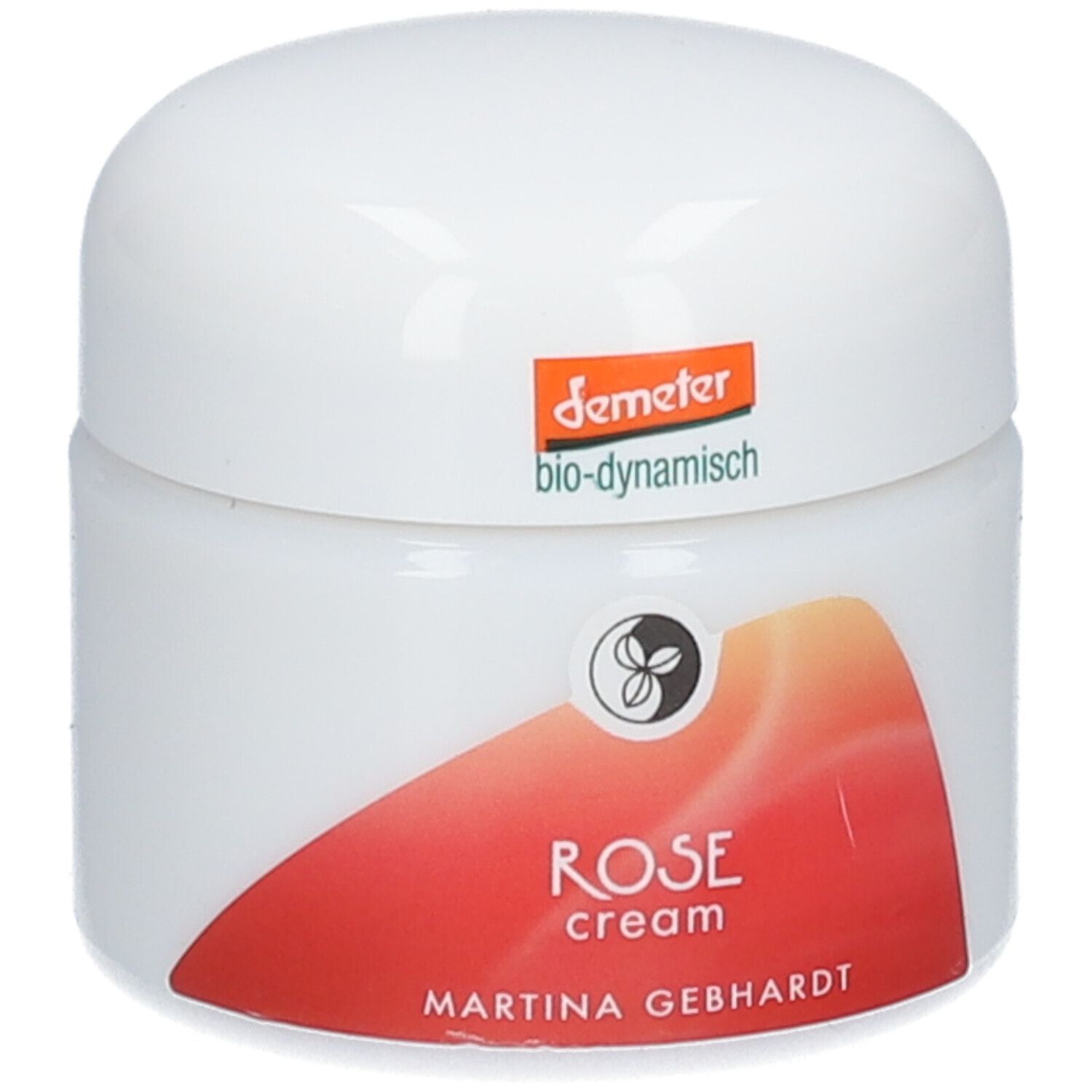 Witte pot, zijaanzicht. Tekst in het Duits, Engels en Frans. Demeter-keurmerk.