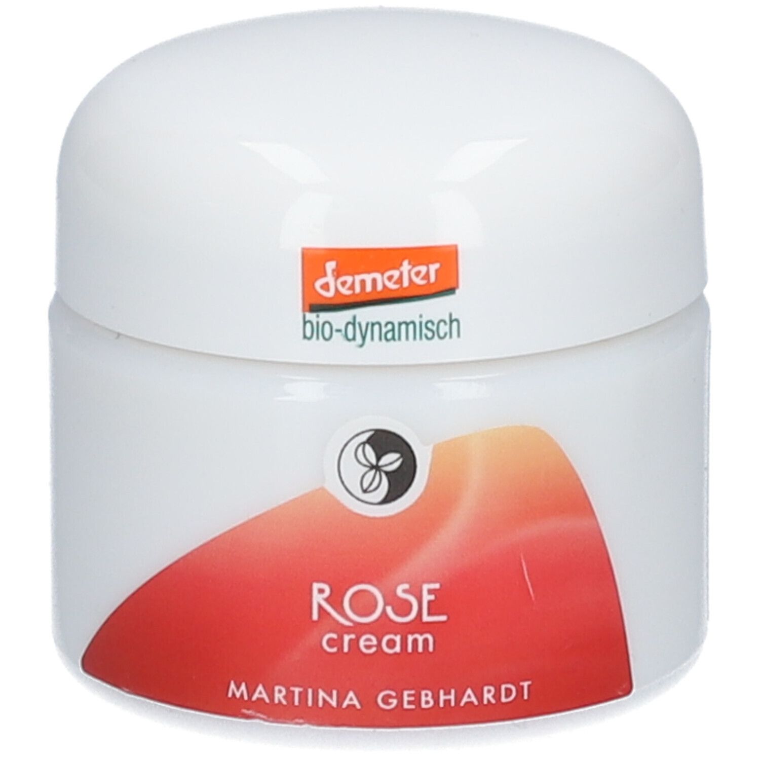 Witte pot met deksel. Opschrift: ROSE cream, MARTINA GEBHARDT. Logo en Demeter-keurmerk.