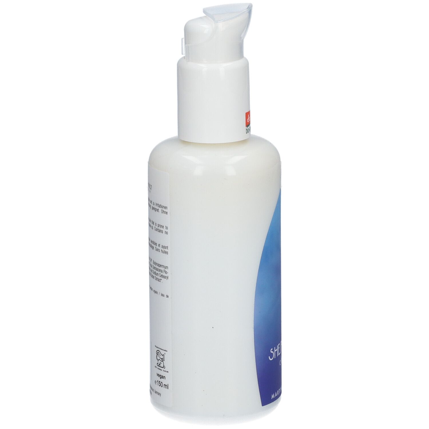 Witte fles met pomp. Blauwe grafiek. Tekst op de zijkant. Demeter-keurmerk.