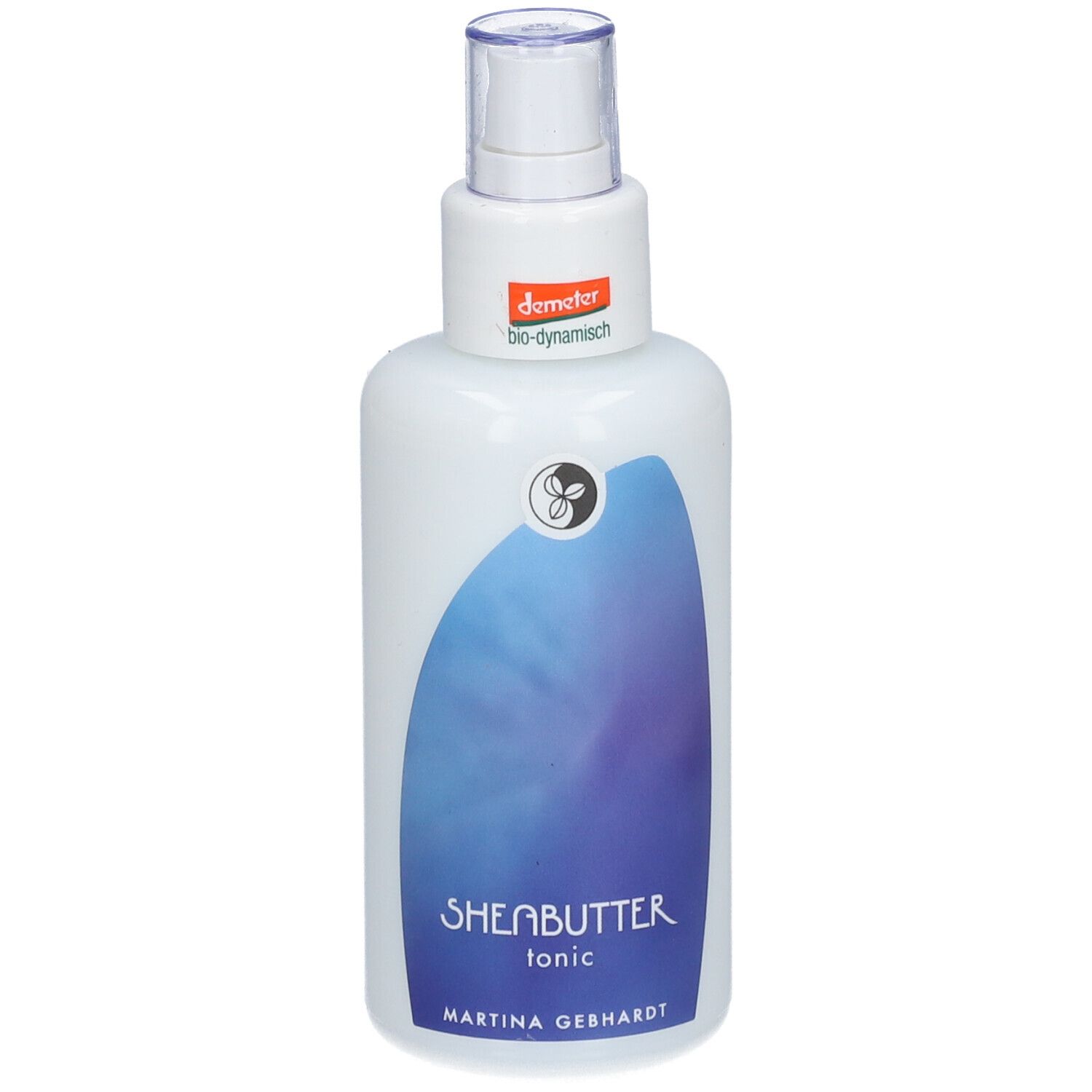 Martina Gebhardt Sheabutter Tonic fles met spuitkop en Demeter-zegel.