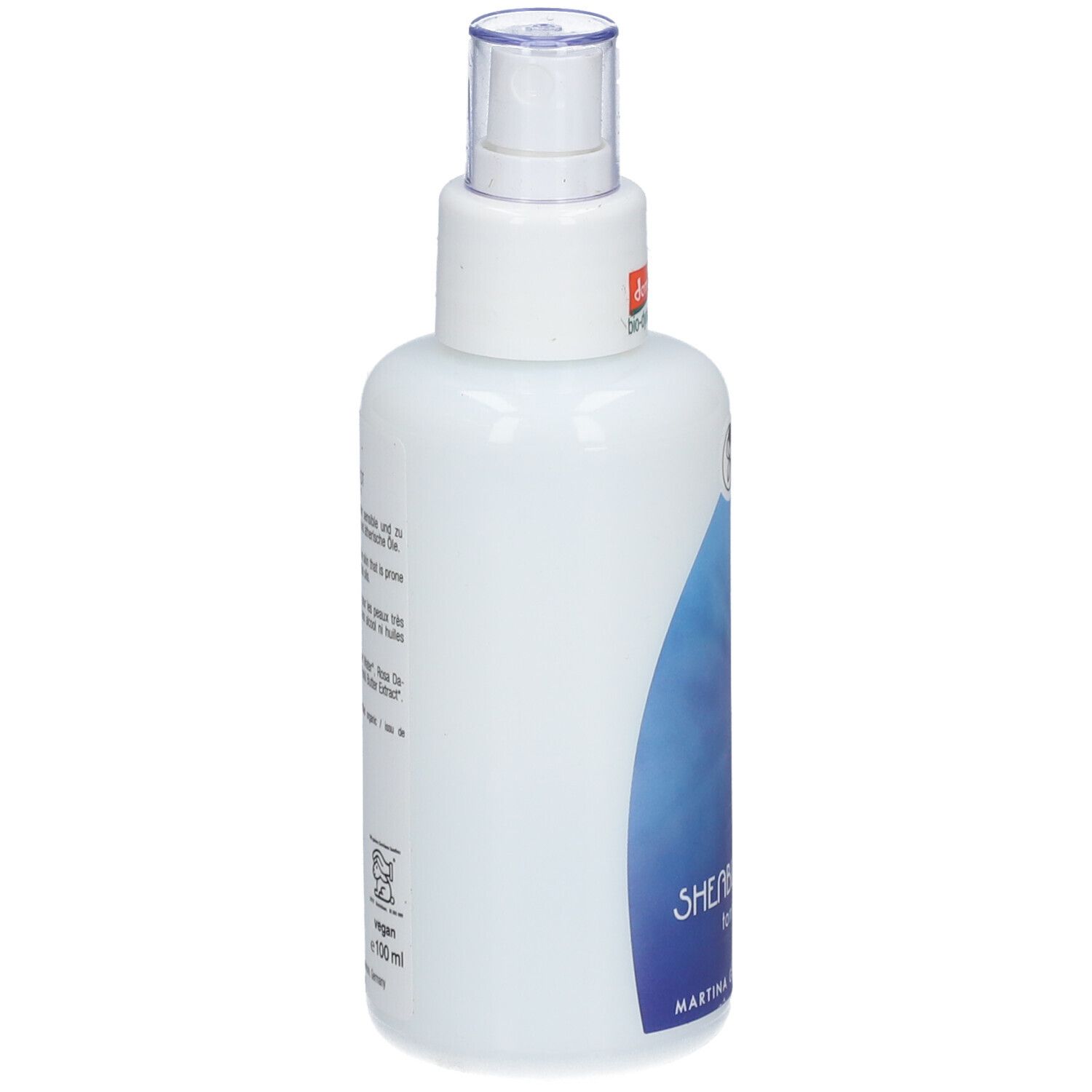 Martina Gebhardt Sheabutter Tonic fles, zijaanzicht met informatie en zegels.