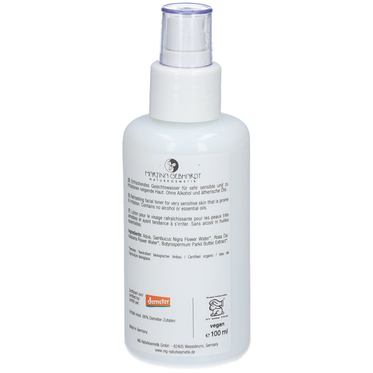 Achterkant van de Martina Gebhardt Sheabutter Tonic fles met ingrediënten en zegels.