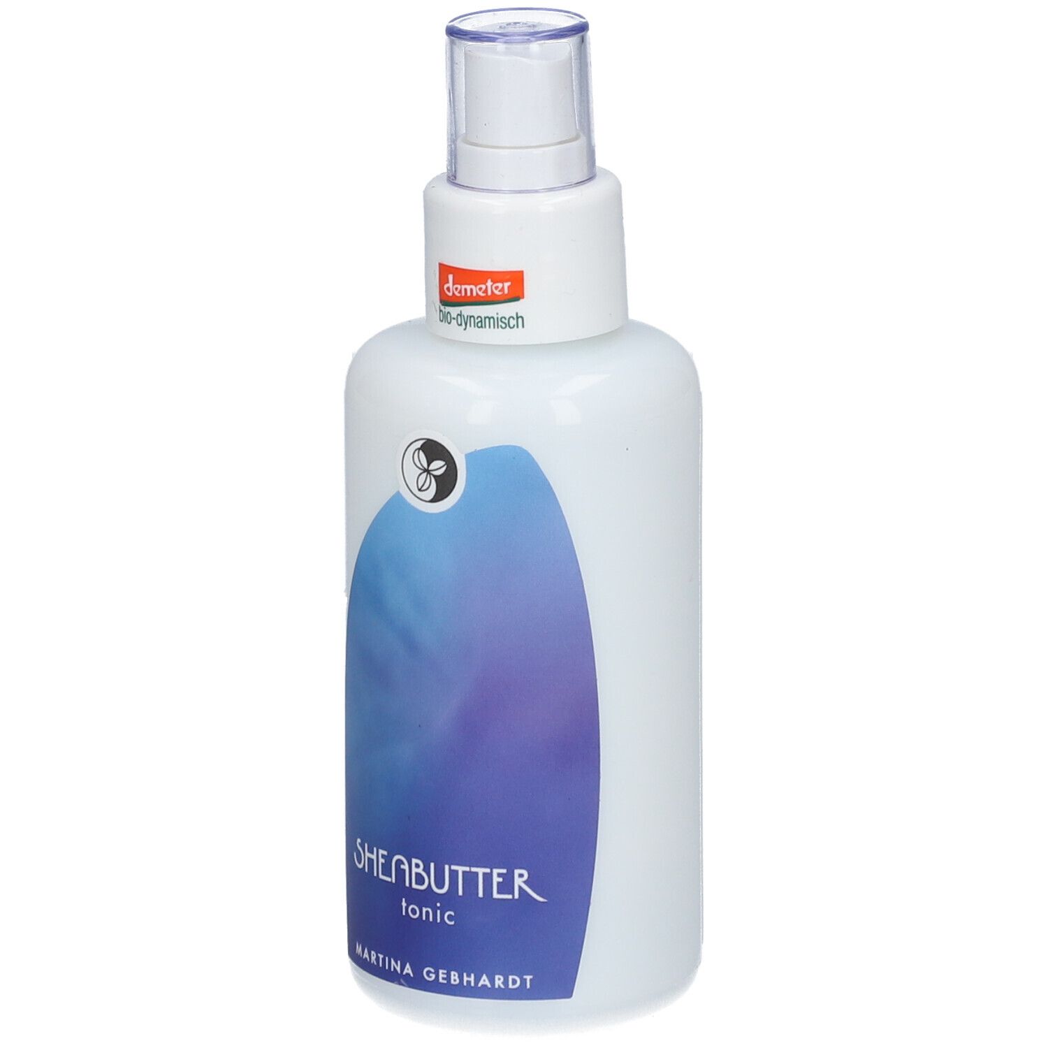 Martina Gebhardt Sheabutter Tonic fles met spuitkop en Demeter-zegel.