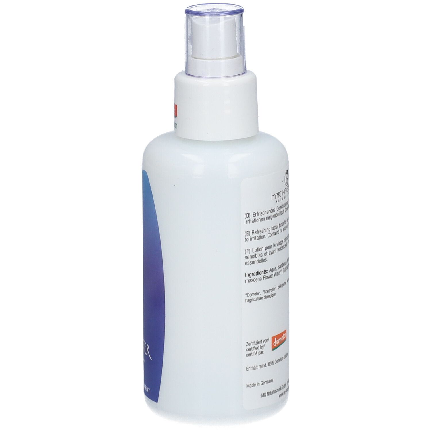 Martina Gebhardt Sheabutter Tonic fles, zijaanzicht met informatie en zegels.