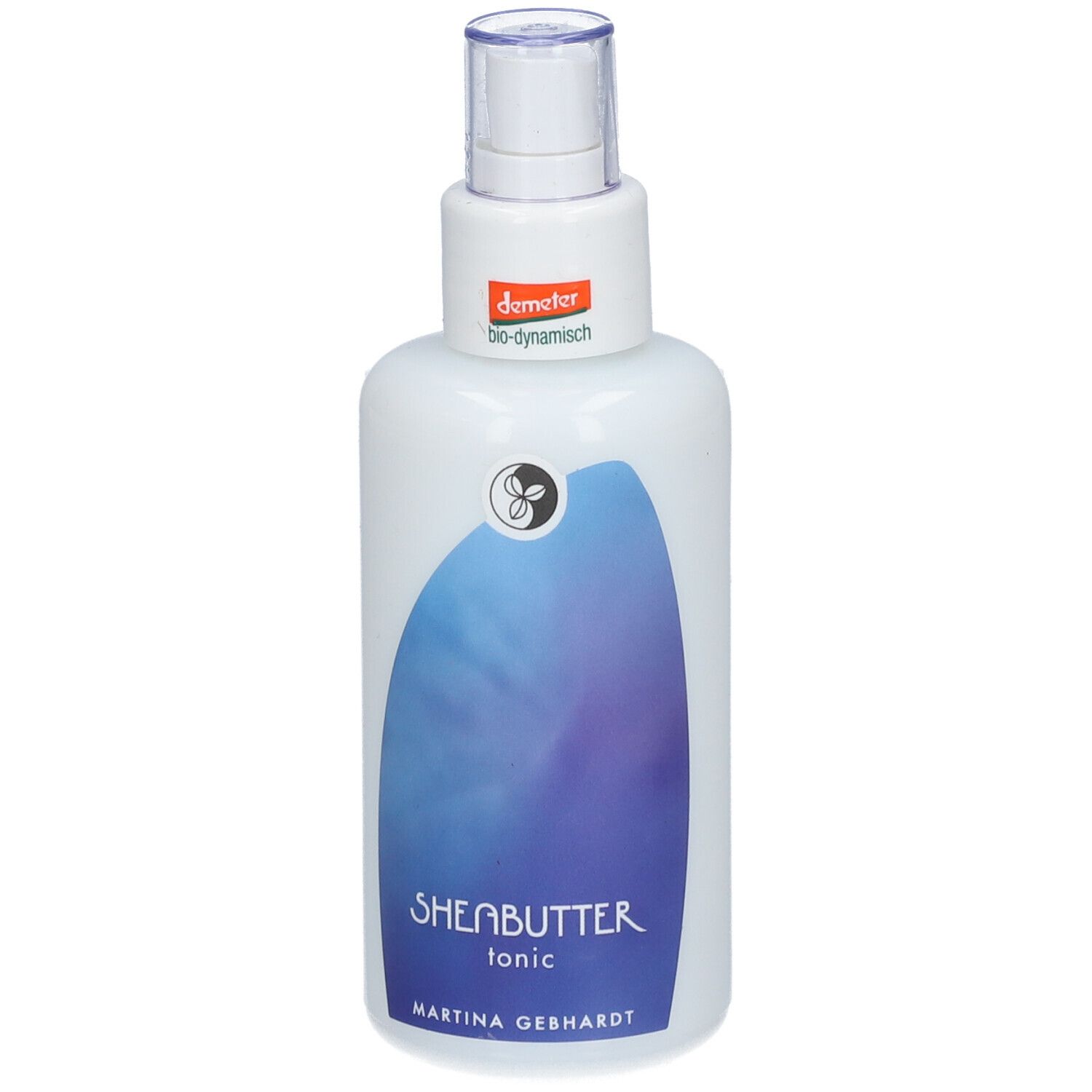 Martina Gebhardt Sheabutter Tonic fles met spuitkop en Demeter-zegel.