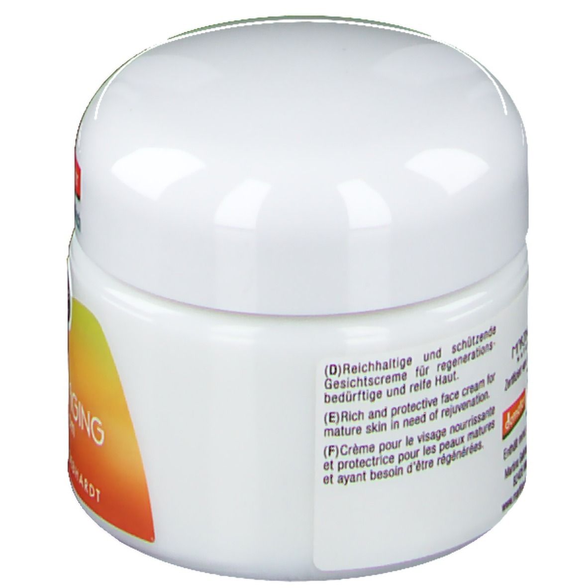 Crème visage Martina Gebhardt Happy Aging, verso avec informations produit multilingues.