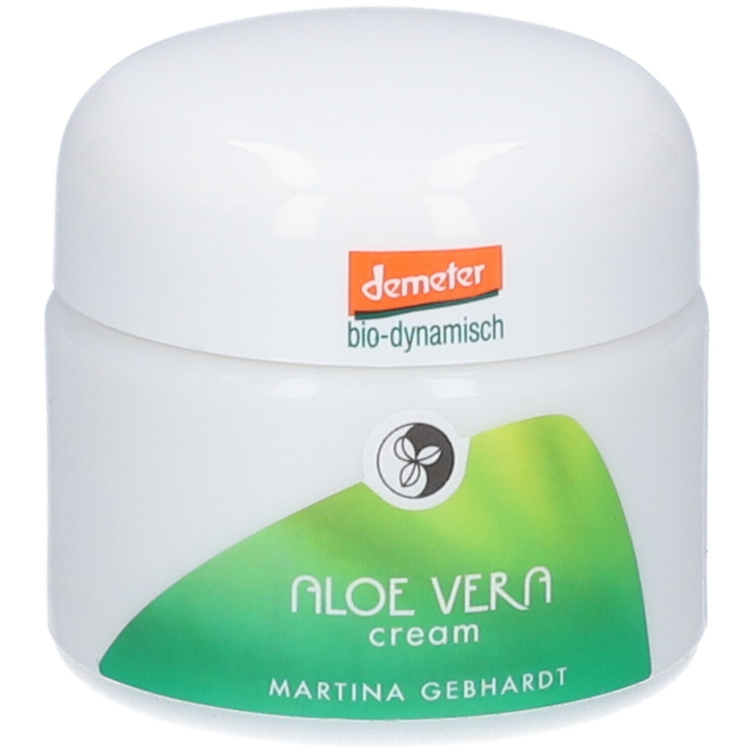 Martina Gebhardt Aloe Vera Crème: Witte pot met groen etiket en Demeter-zegel.