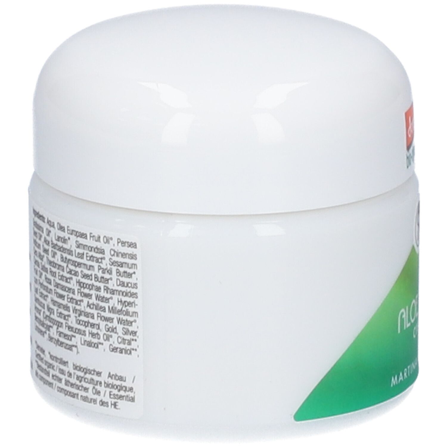 Martina Gebhardt Aloe Vera Crème: Zijaanzicht met ingrediëntenlijst.