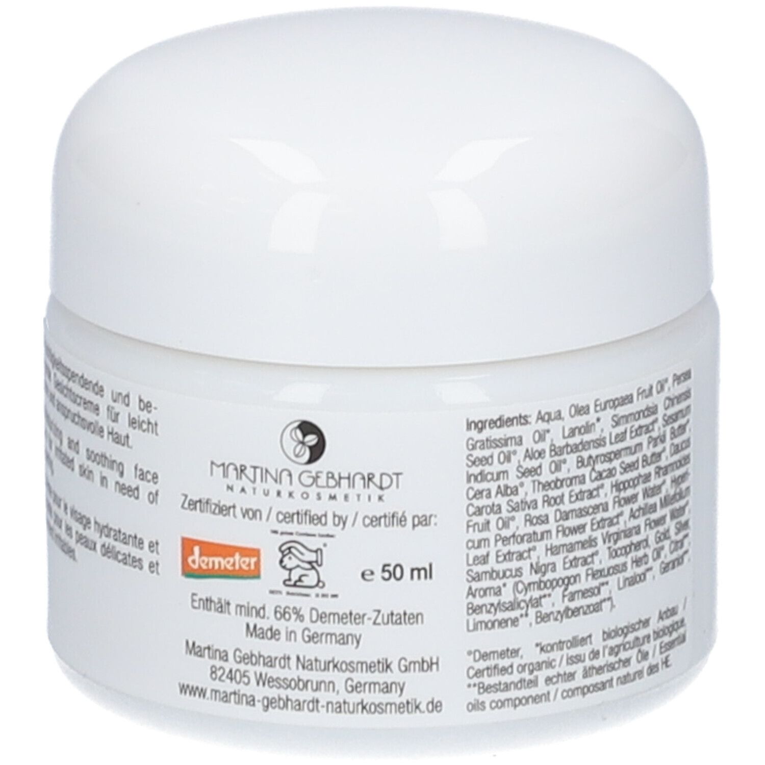 Martina Gebhardt Aloe Vera Crème: Achterkant met ingrediënten, Demeter-zegel en 50 ml vermelding.