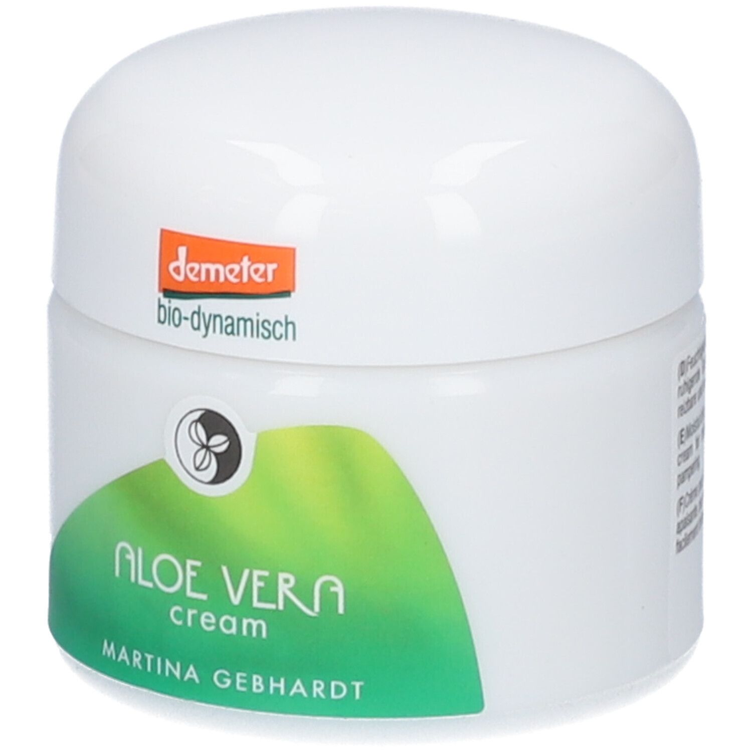 Martina Gebhardt Aloe Vera Crème: Witte pot met groen etiket en Demeter-zegel.
